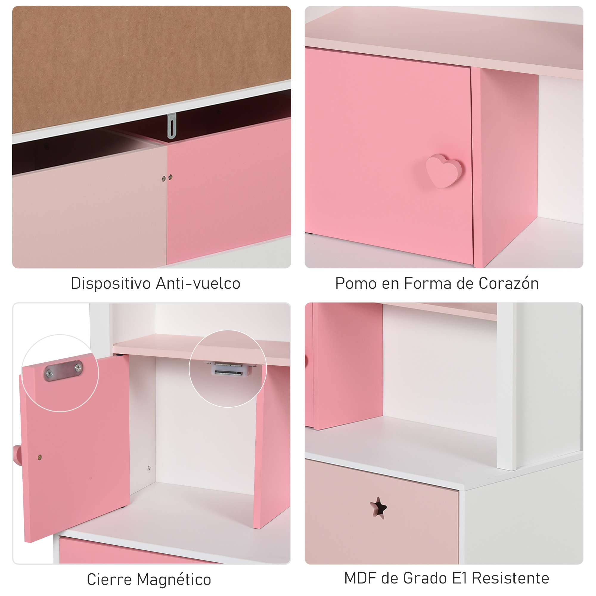 Detalles de un mueble rosa y blanco: dispositivo antivuelco, pomo de corazón, cierre magnético, MDF.