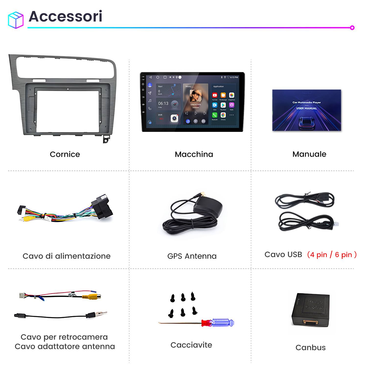 Accessori auto: cornice, autoradio, manuale, cavi, antenna, cacciavite, Canbus.