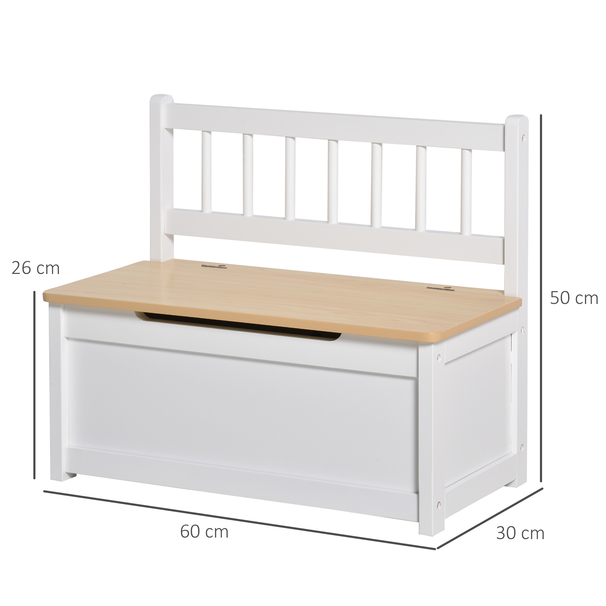 Banco de almacenamiento blanco con respaldo de listones y tapa de madera.