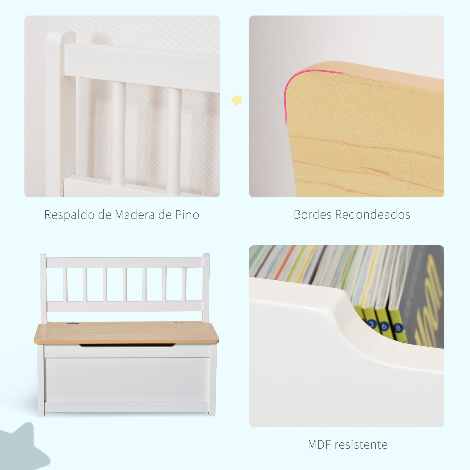 Banco de madera blanco con asiento y almacenamiento. Primeros planos.
