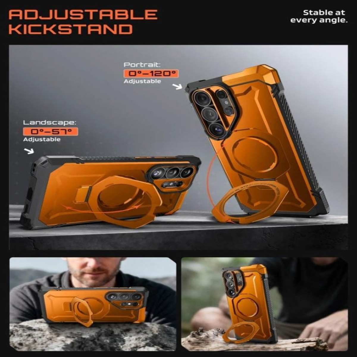Funda de teléfono naranja con soporte ajustable, ajustable 0-120 grados.
