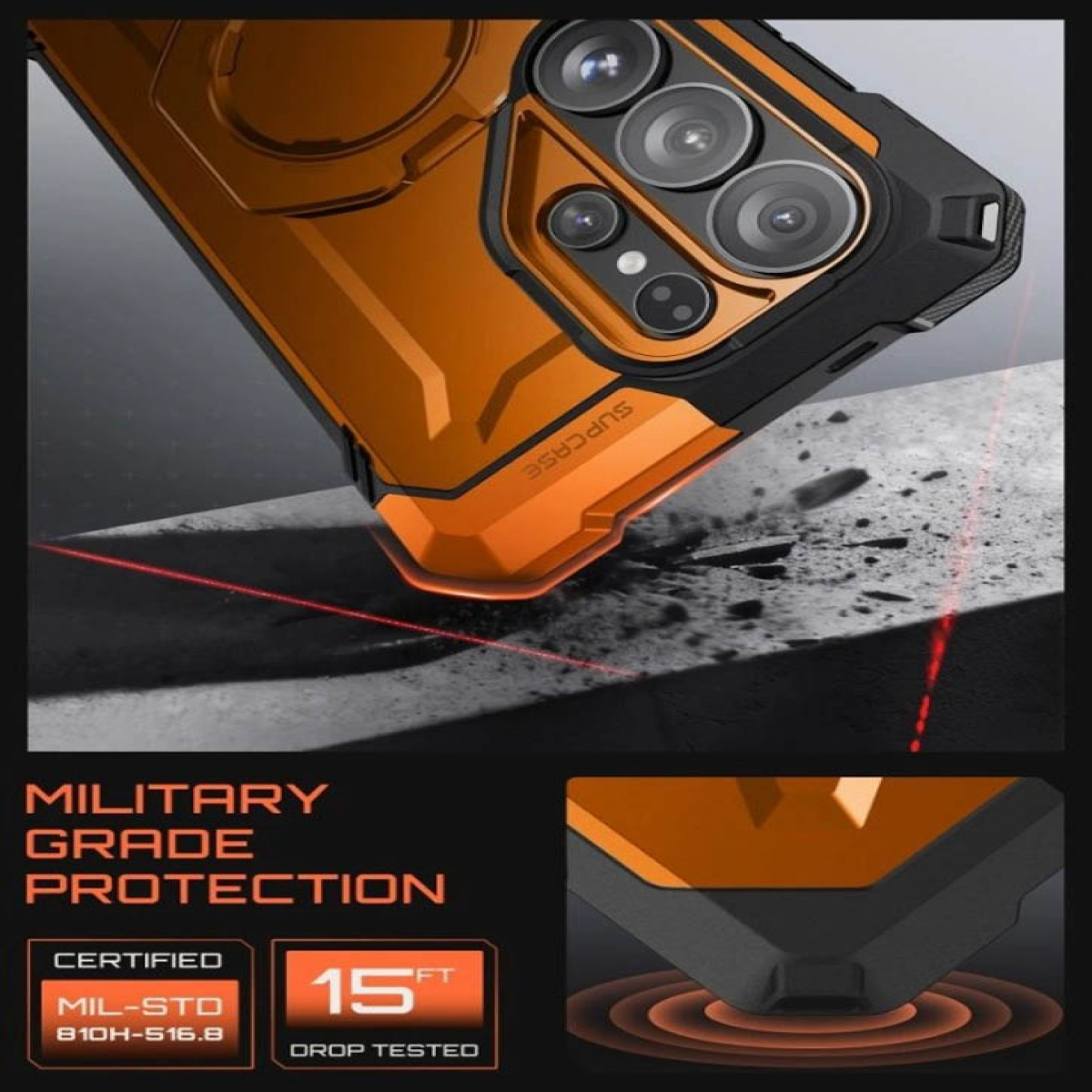 Funda de teléfono naranja y negra con múltiples cámaras sobre suelo rugoso.
