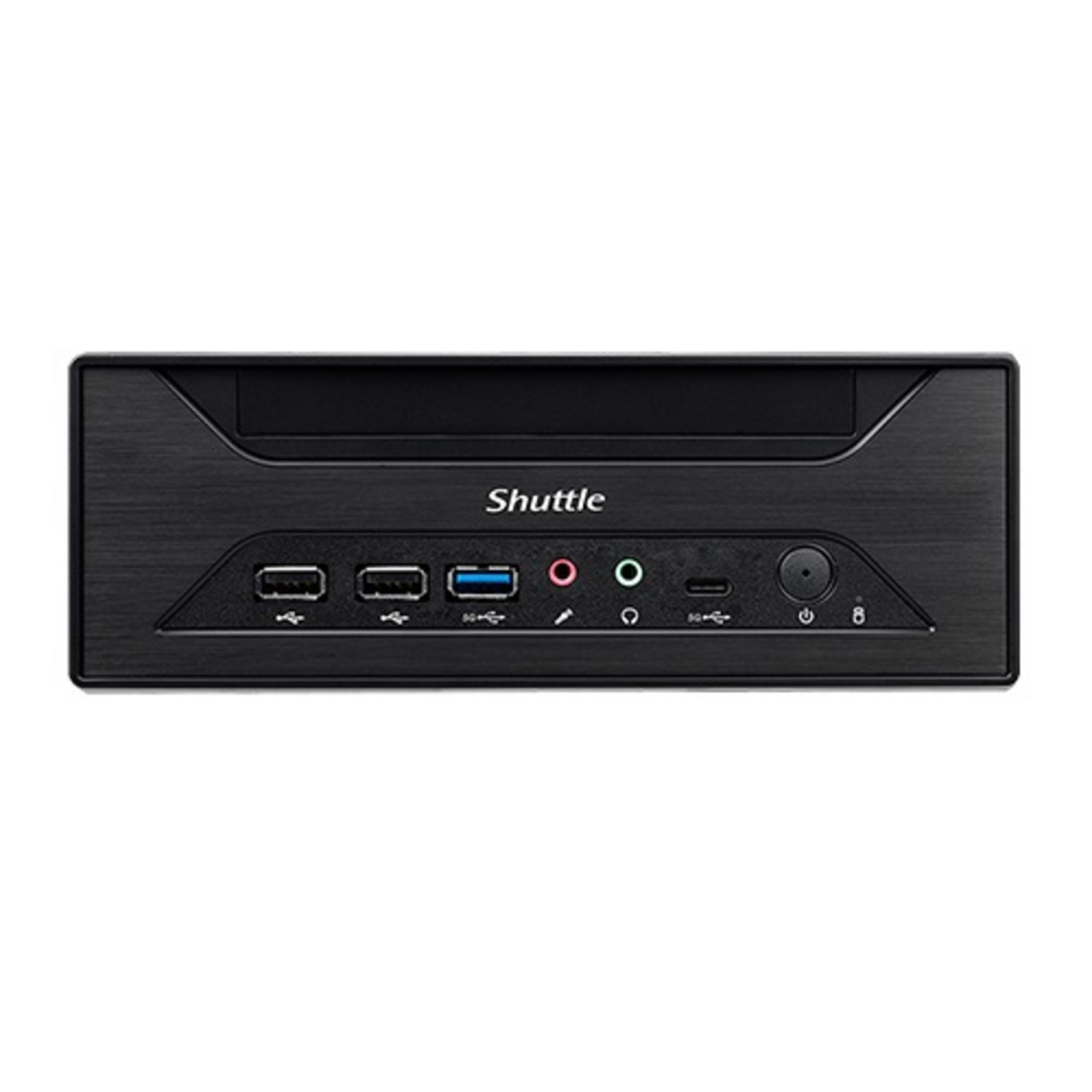 Schwarzer Shuttle Mini-PC mit Anschlüssen vorn: USB, Audio, USB-C, Power.