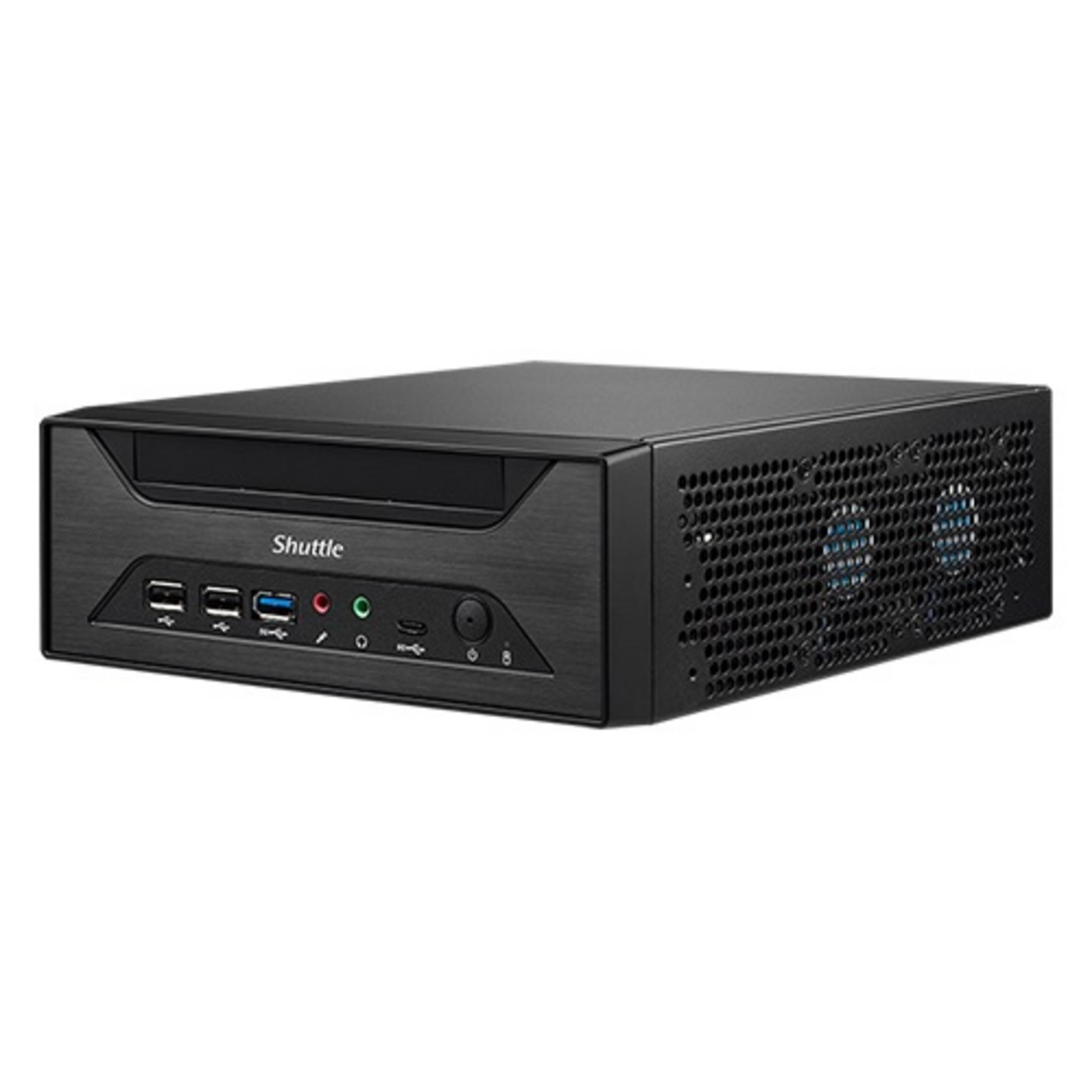 Schwarzer Shuttle Mini-PC mit Lüftergittern und Frontanschlüssen.