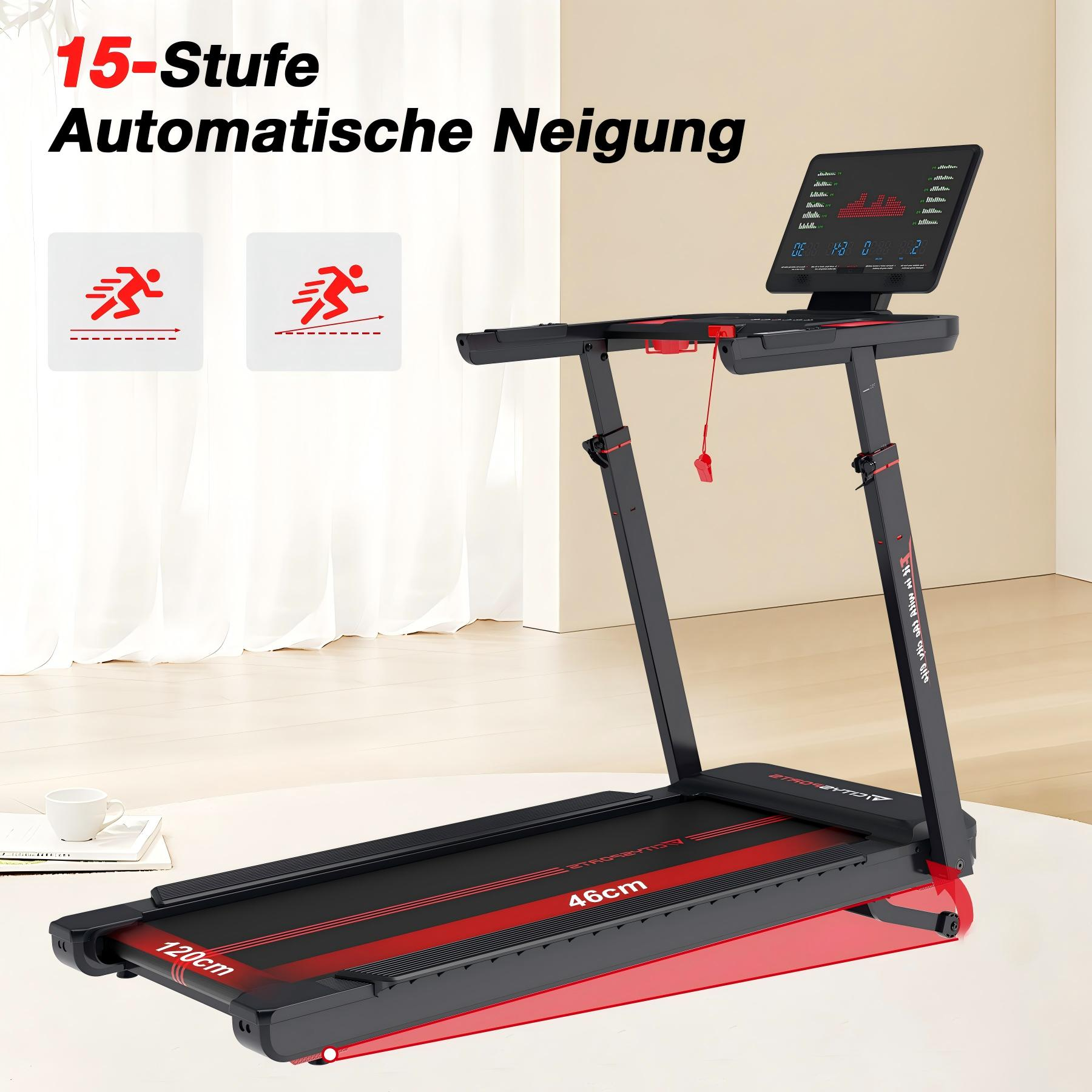 Ein schwarzer Laufband mit roten Akzenten steht in einem Raum.