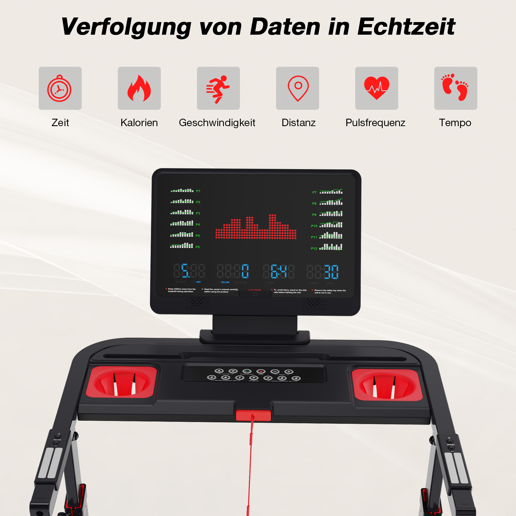 Laufband mit Bildschirm, der Zeit, Kalorien, Geschwindigkeit, Distanz, Puls und Tempo anzeigt.