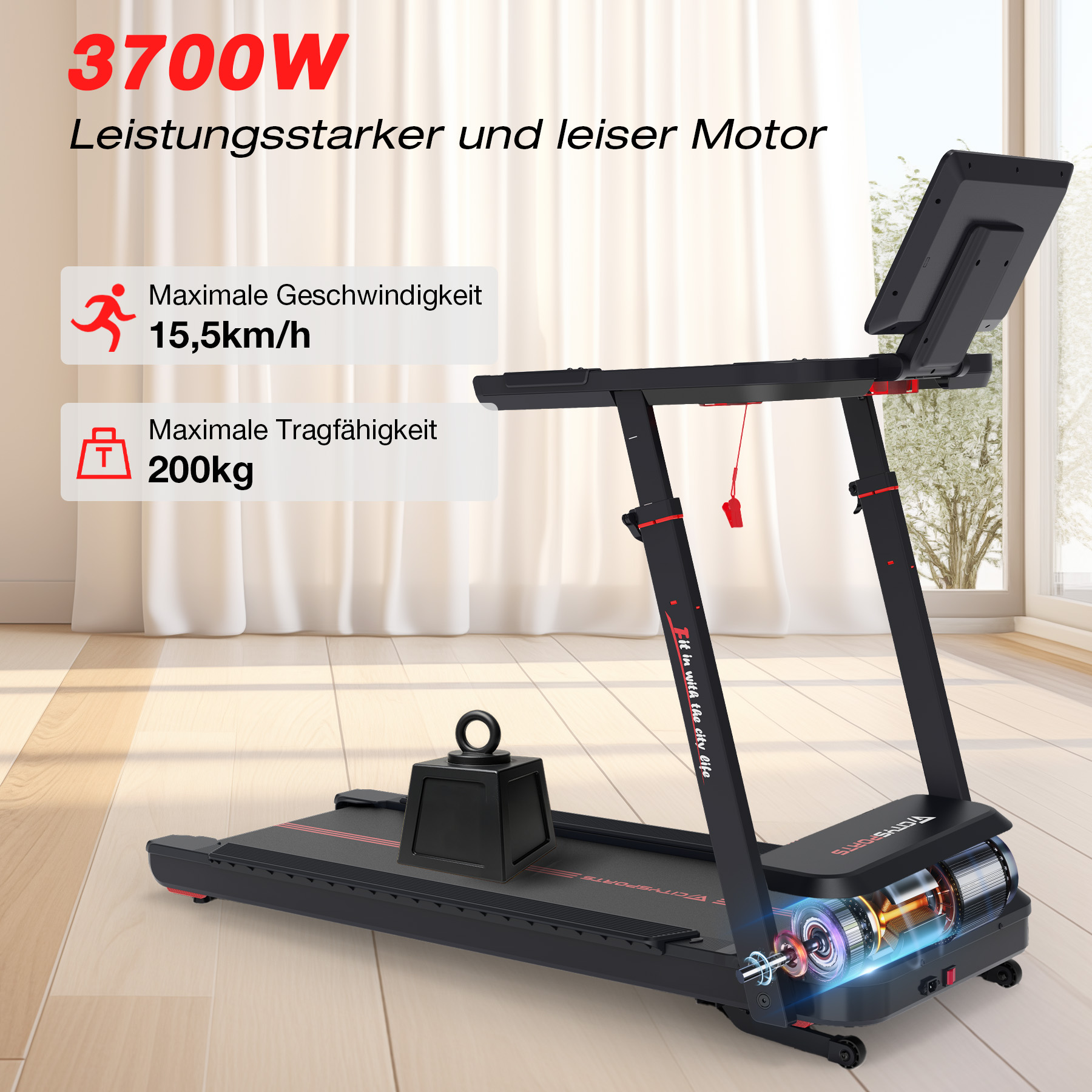 Schwarzer Laufband mit 3700W starkem Motor, 15,5 km/h max. Geschwindigkeit, 200kg Tragfähigkeit.