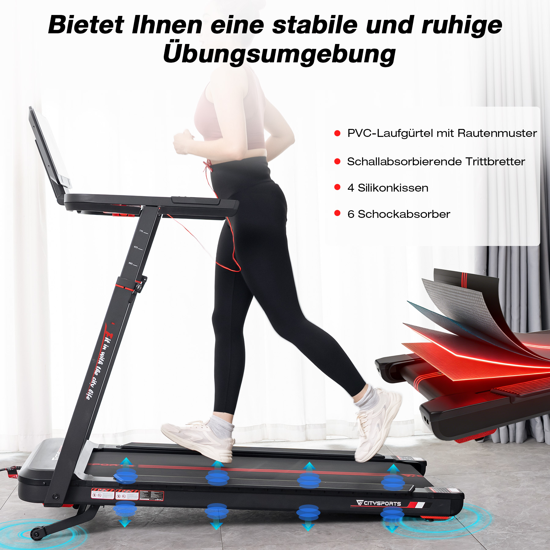 Eine Frau läuft auf einem Laufband mit Dämpfungssystem.