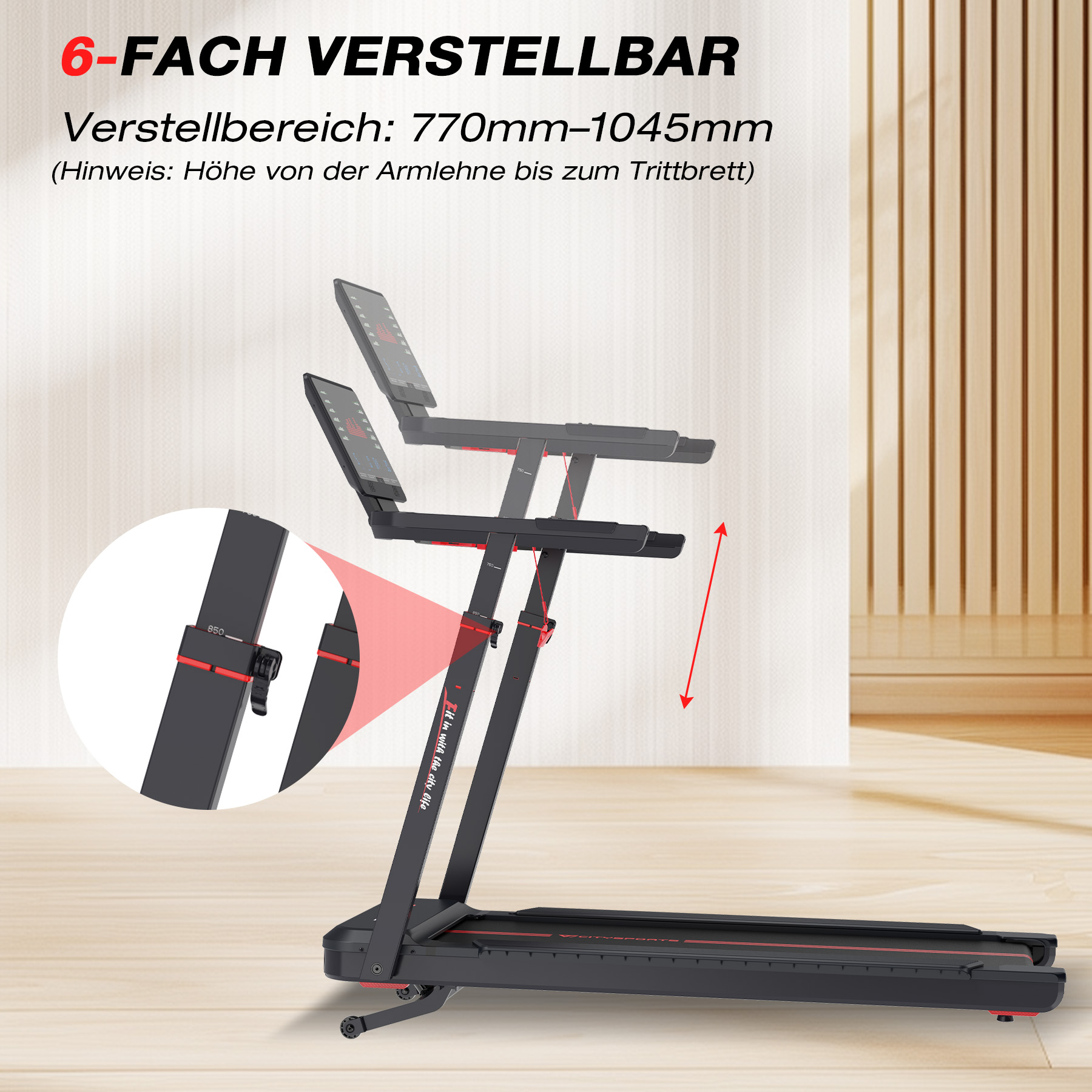 Ein schwarzes Laufband mit verstellbarem Display und roten Akzenten.
