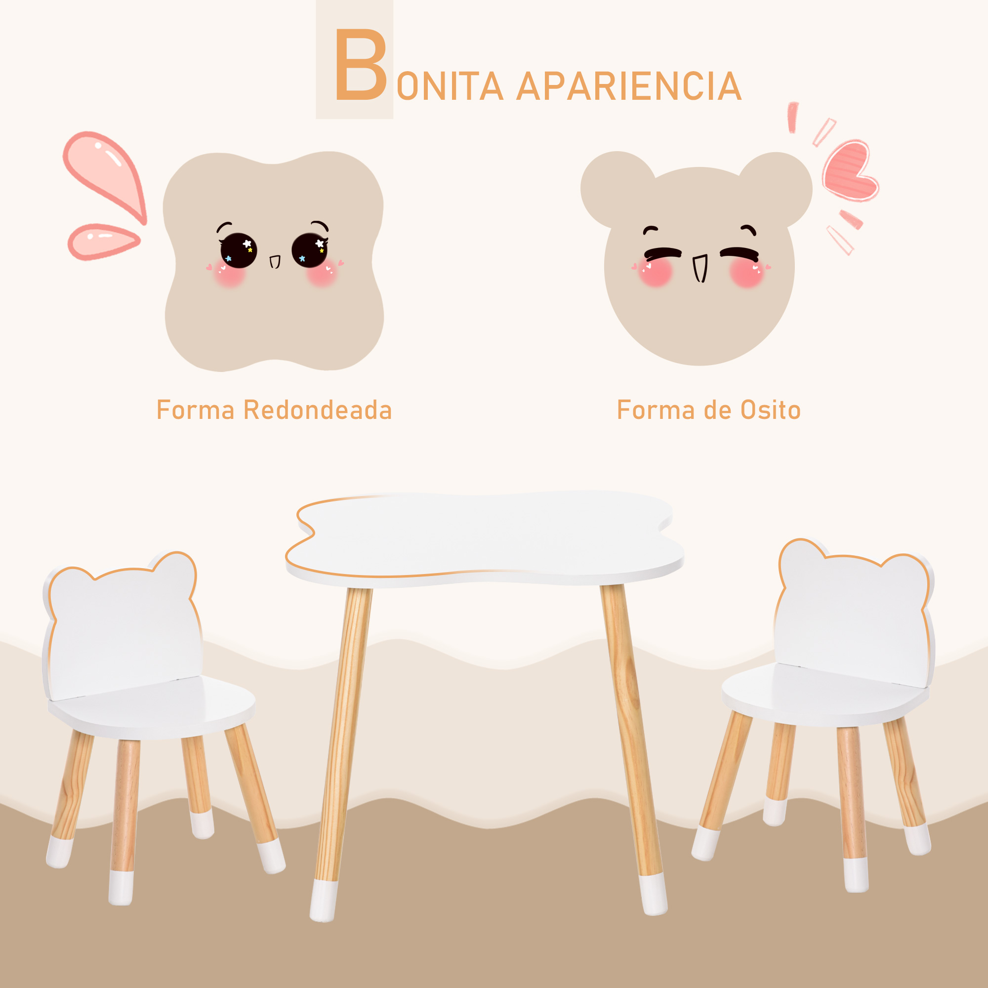 Una mesa infantil blanca y dos sillas con orejas de oso sobre un fondo marrón claro.