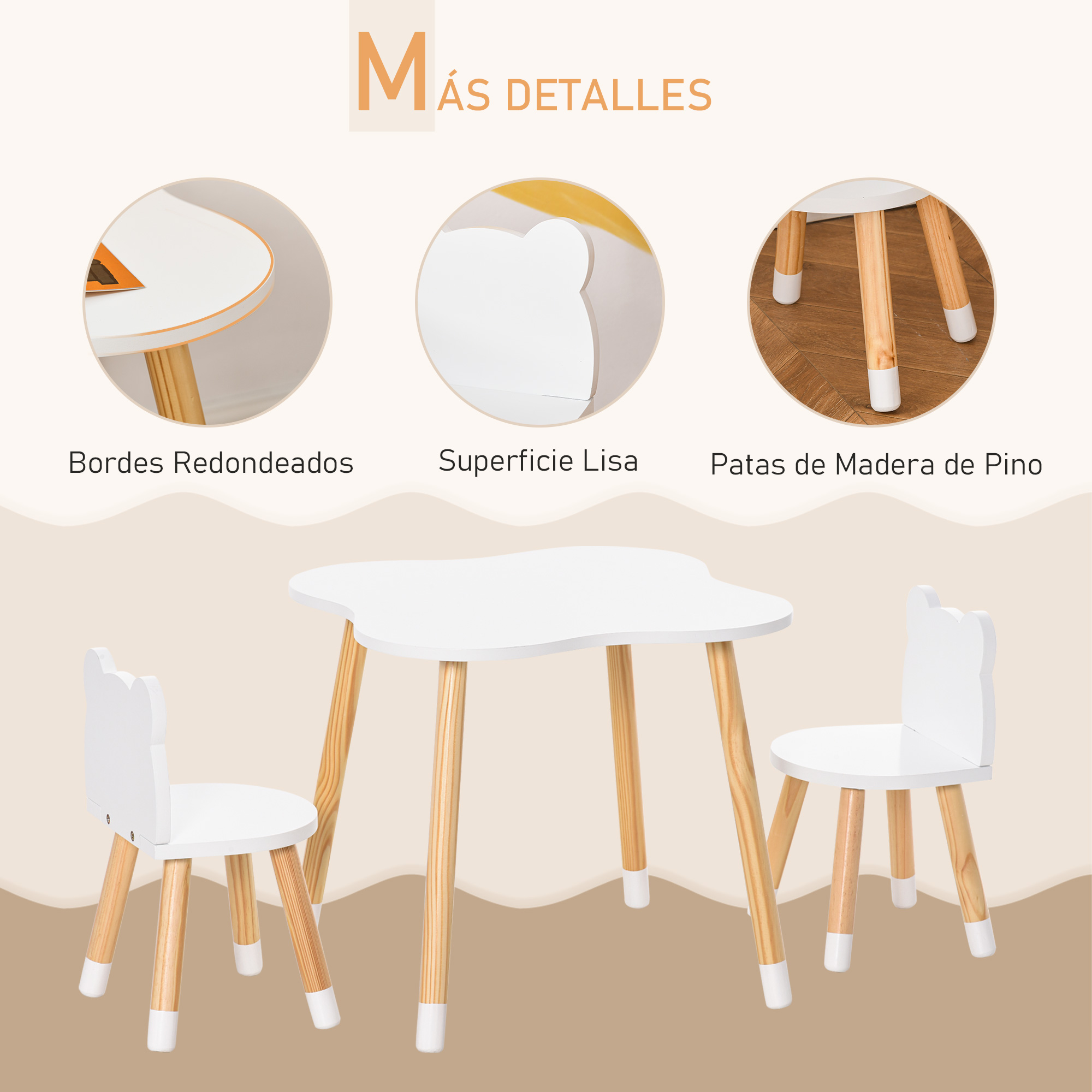 Una mesa infantil blanca y dos sillas con patas de madera sobre suelo de madera.