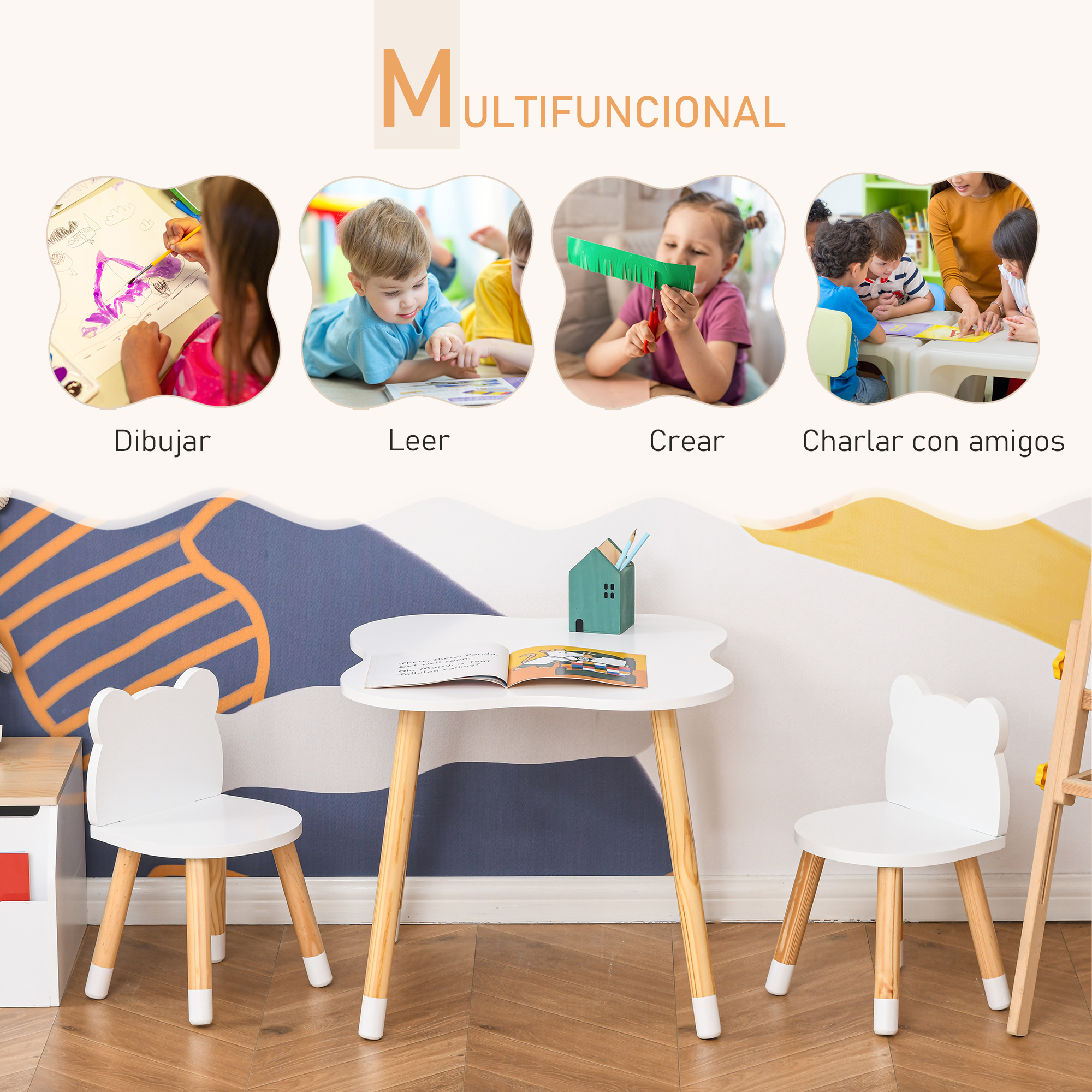 Cuatro escenas de niños dibujando, leyendo, creando y aprendiendo, con mesa y sillas infantiles abajo.