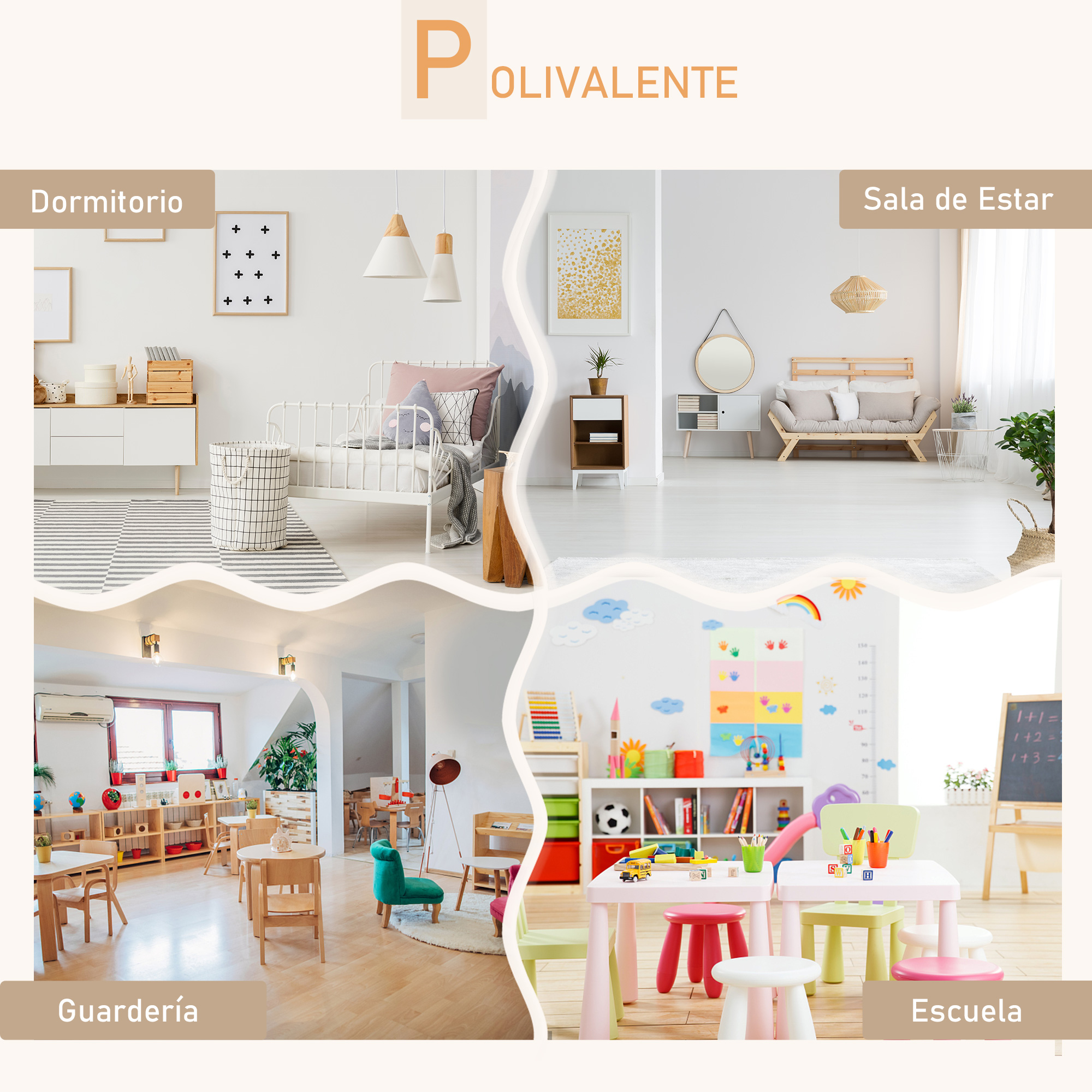 Cuatro habitaciones: Dormitorio, sala de estar, guardería, escuela.