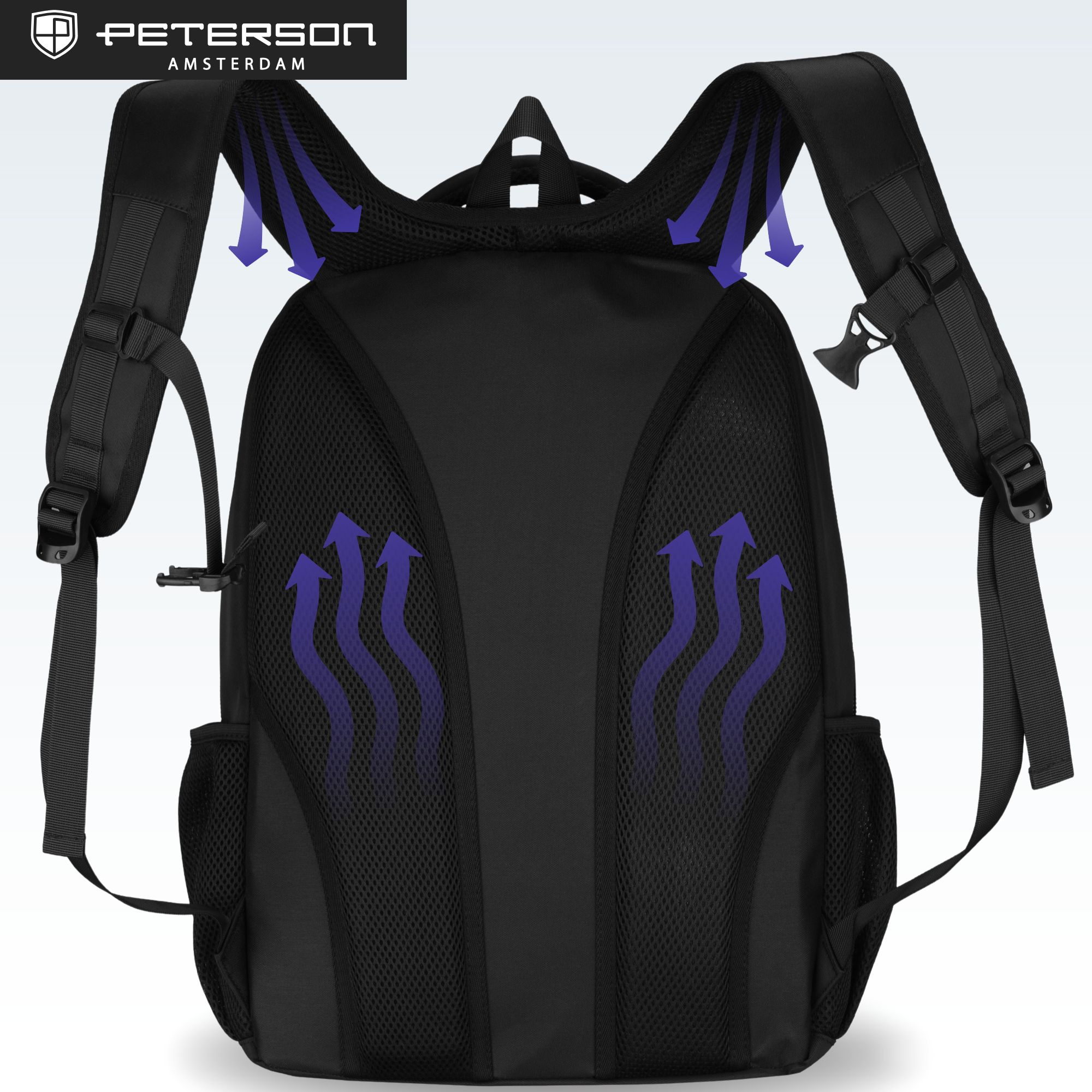 Czarny plecak z grafiką wentylacyjną i logo Peterson.