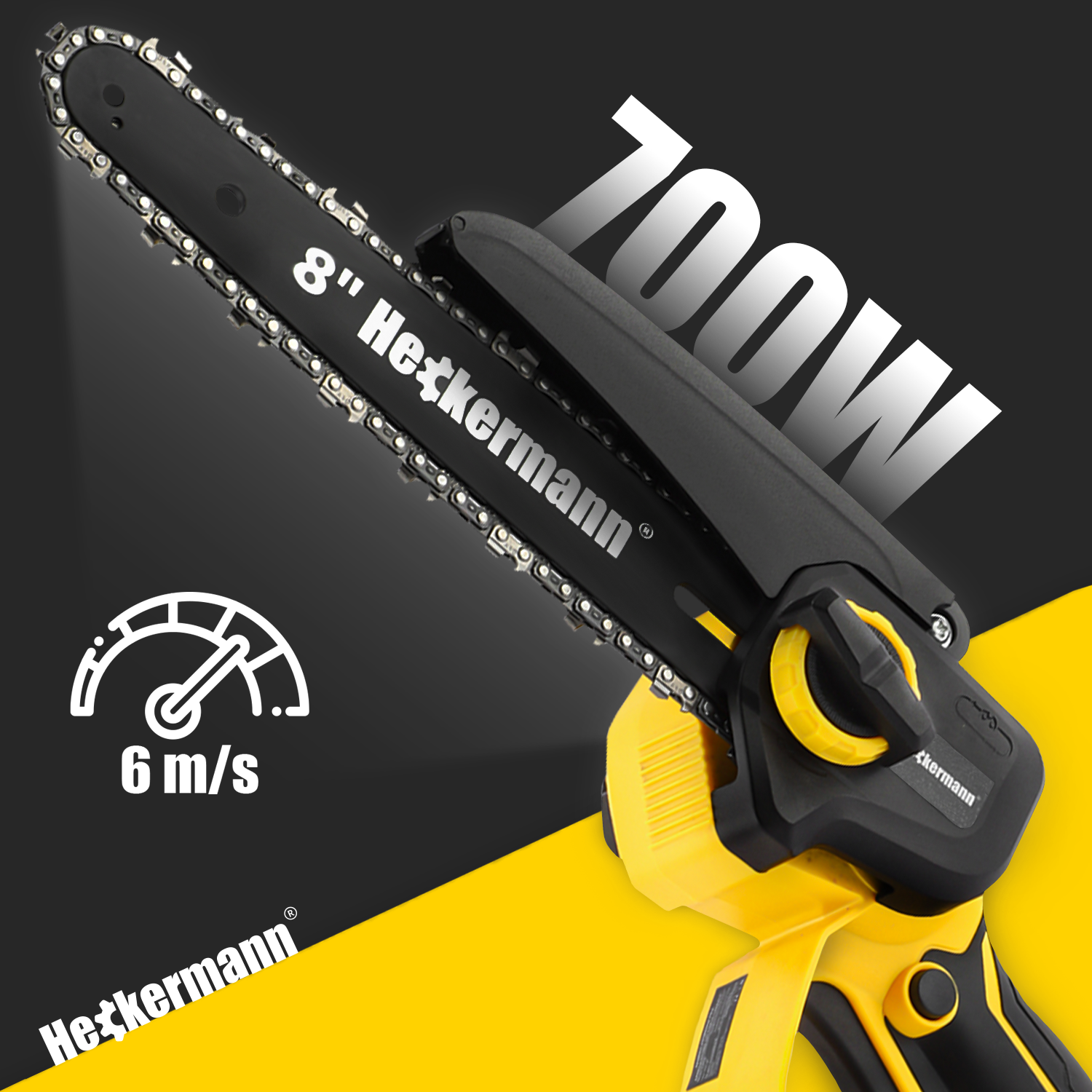 Żółta piła łańcuchowa z ostrzem 8 cali, mocą 700W i prędkością 6 m/s.