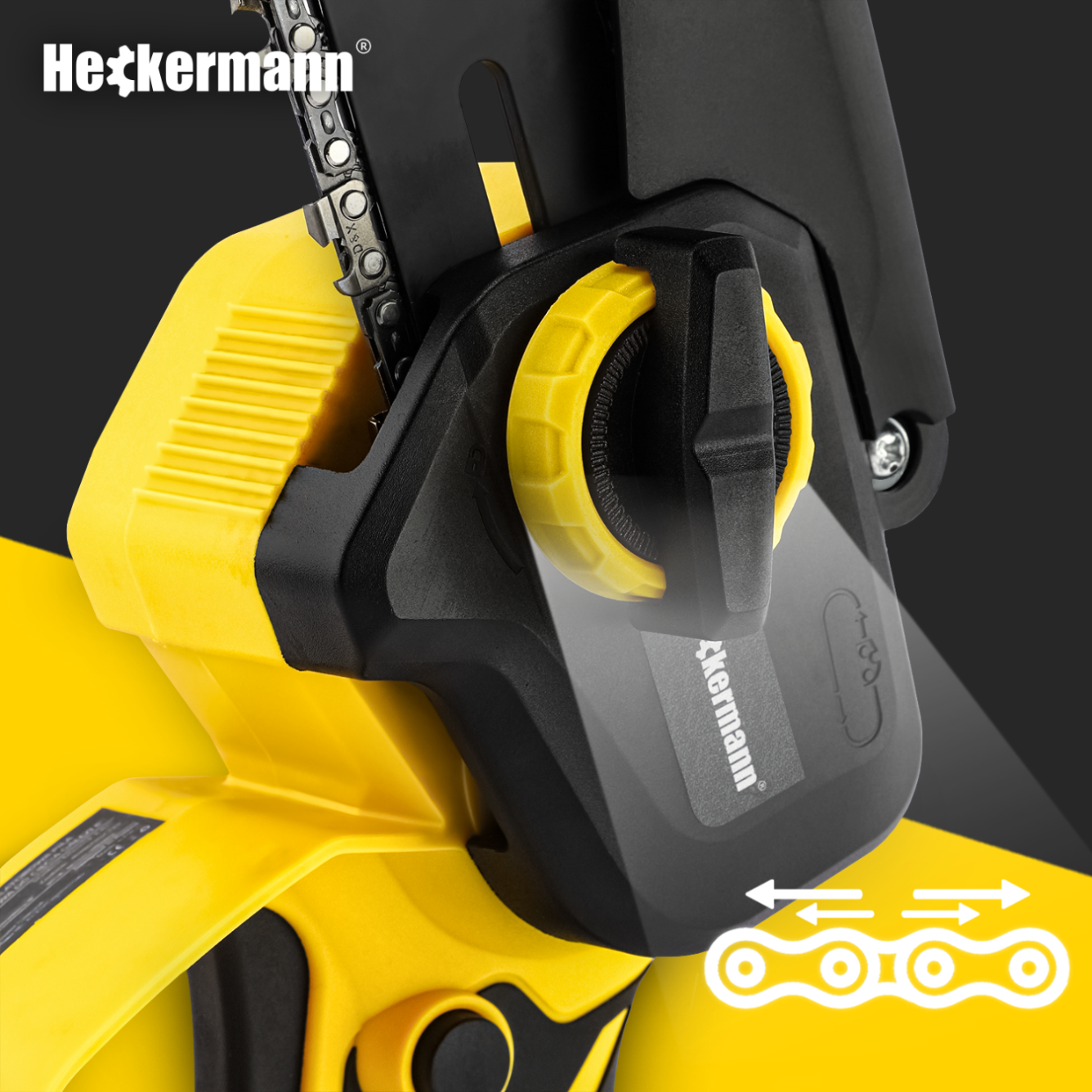 Żółta piła łańcuchowa z czarnym uchwytem i łańcuchem. Zbliżenie.