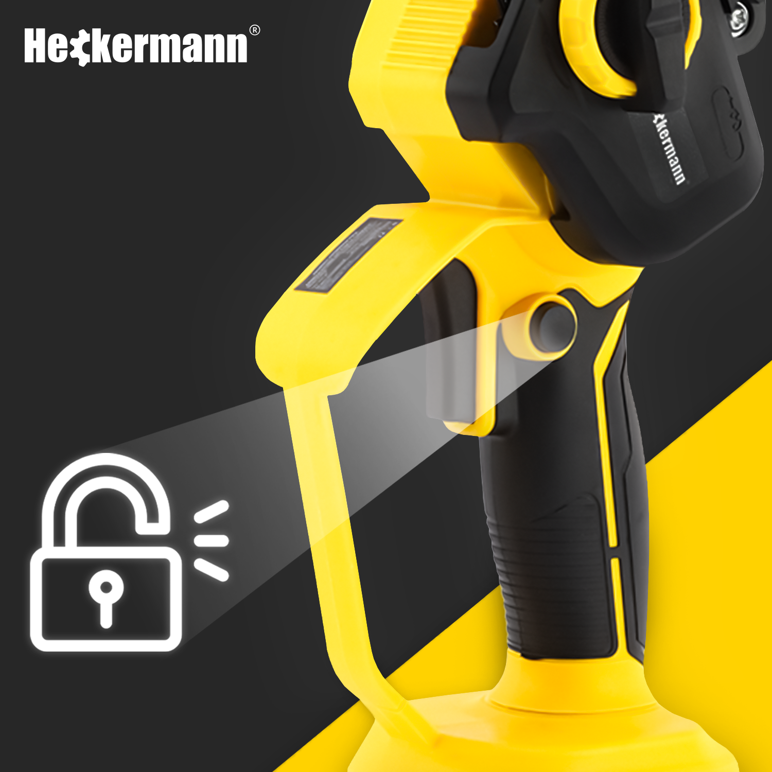 Żółte narzędzie z czarnym uchwytem, wyświetlające świecącą ikonę kłódki.