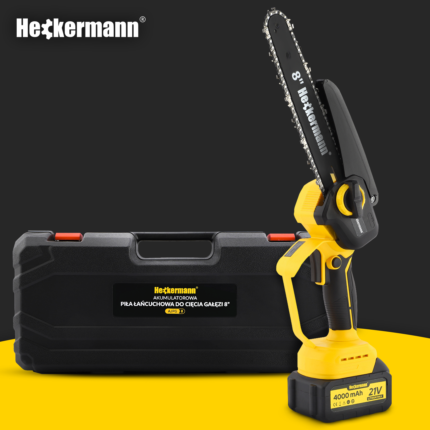 Żółto-czarna pilarka akumulatorowa z walizką.