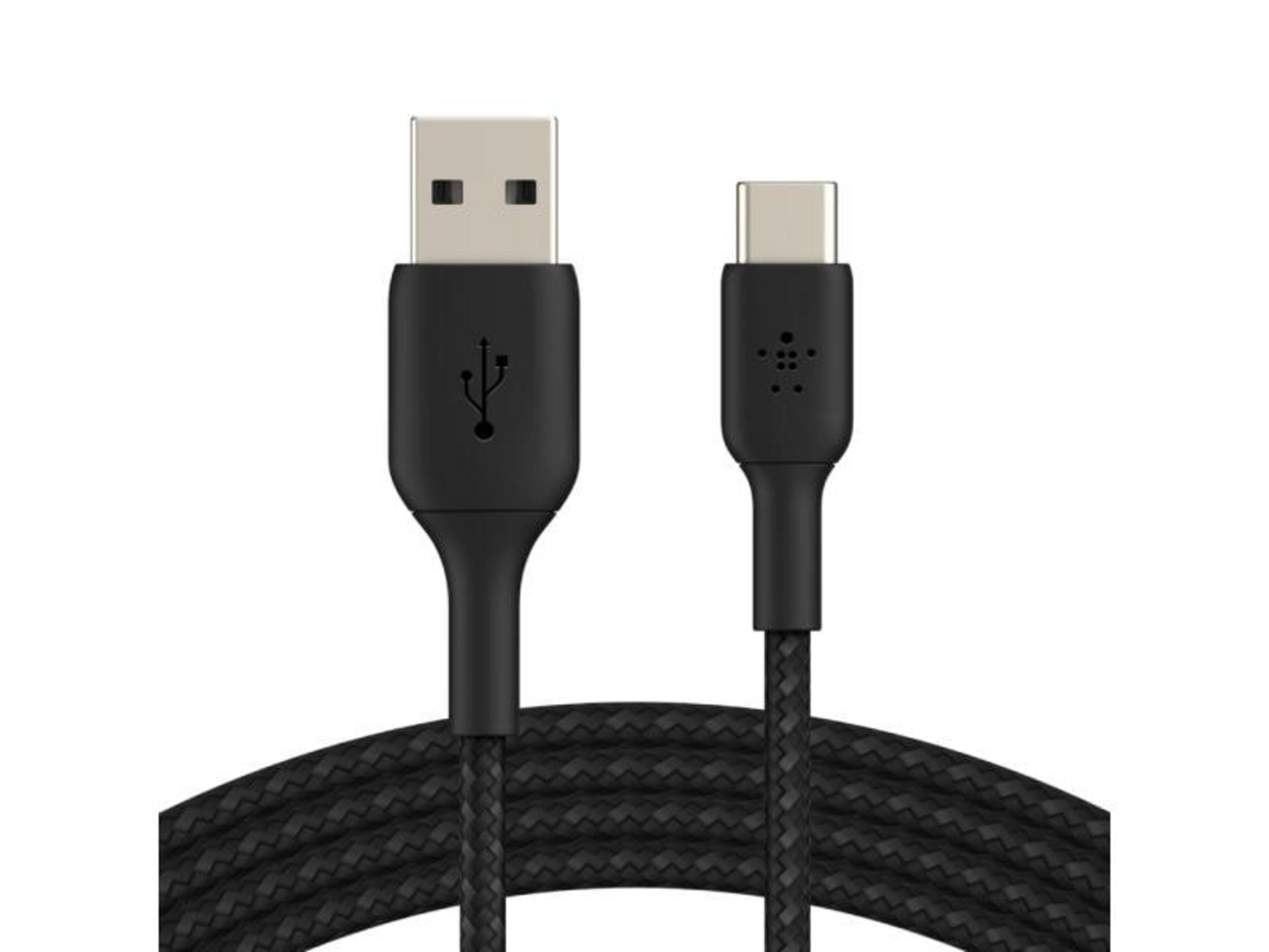 Cavo da USB-A a USB-C nero con rivestimento in tessuto intrecciato.