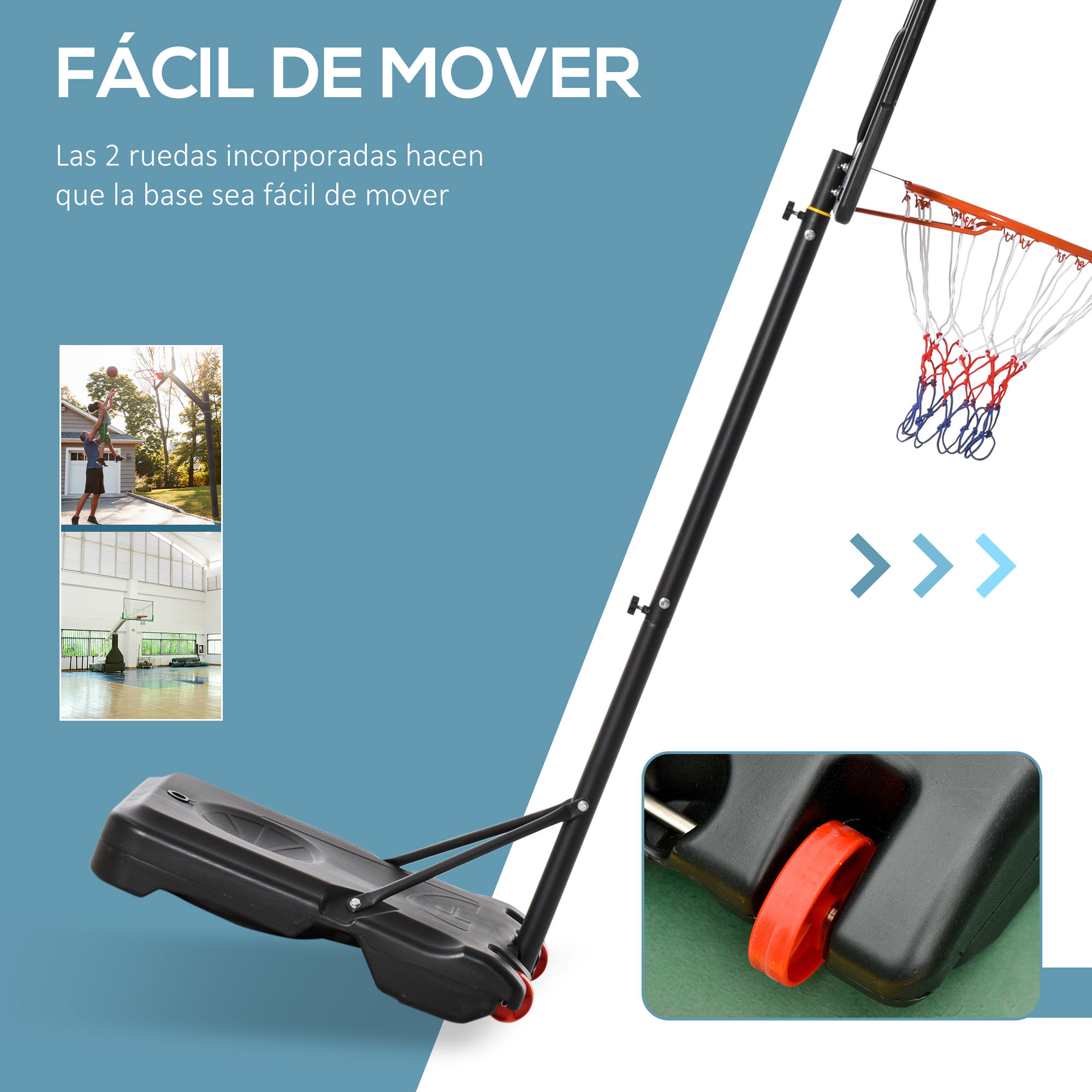 Aro de baloncesto con soporte ajustable y ruedas para fácil movilidad.