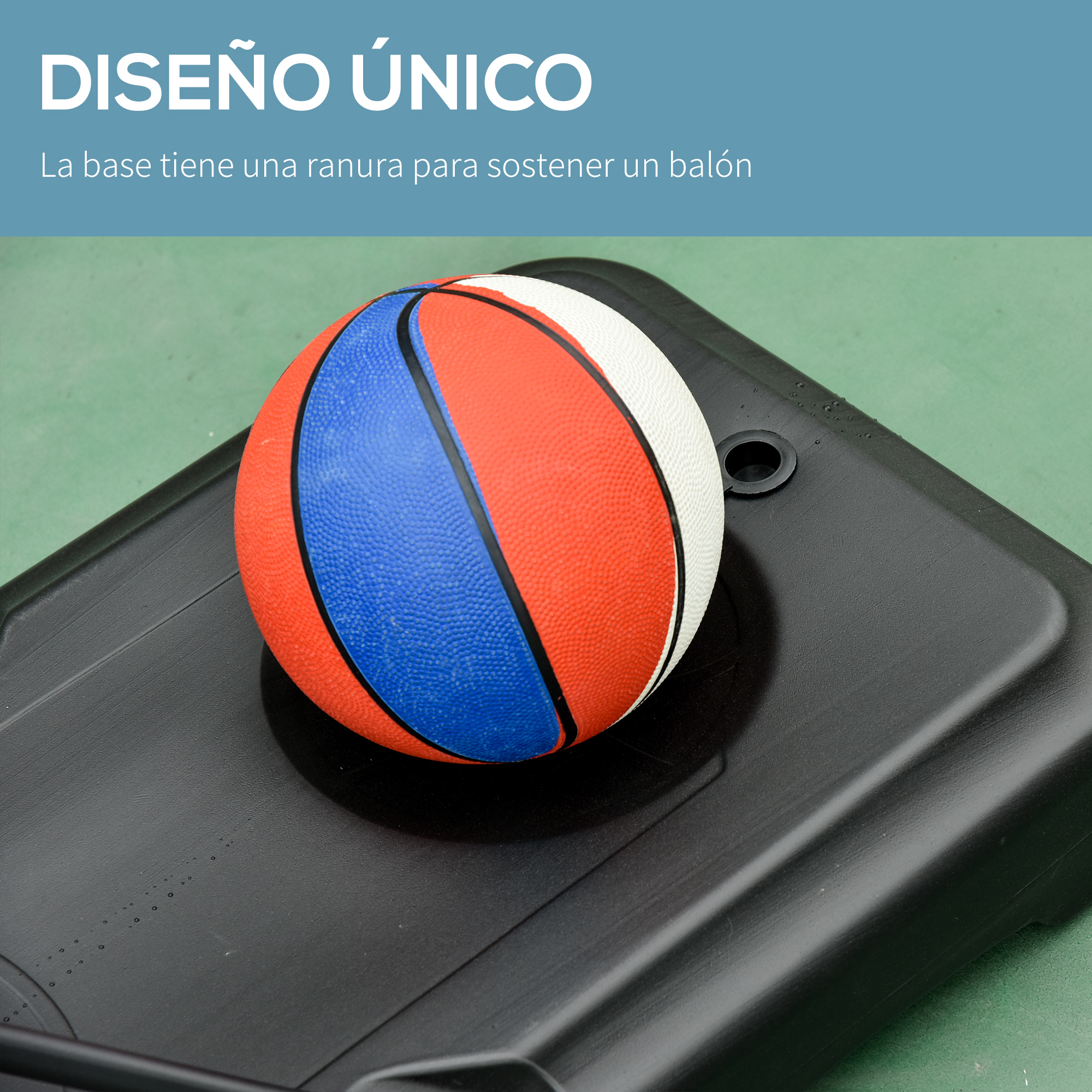 Un baloncesto multicolor descansa sobre una base negra con una ranura.