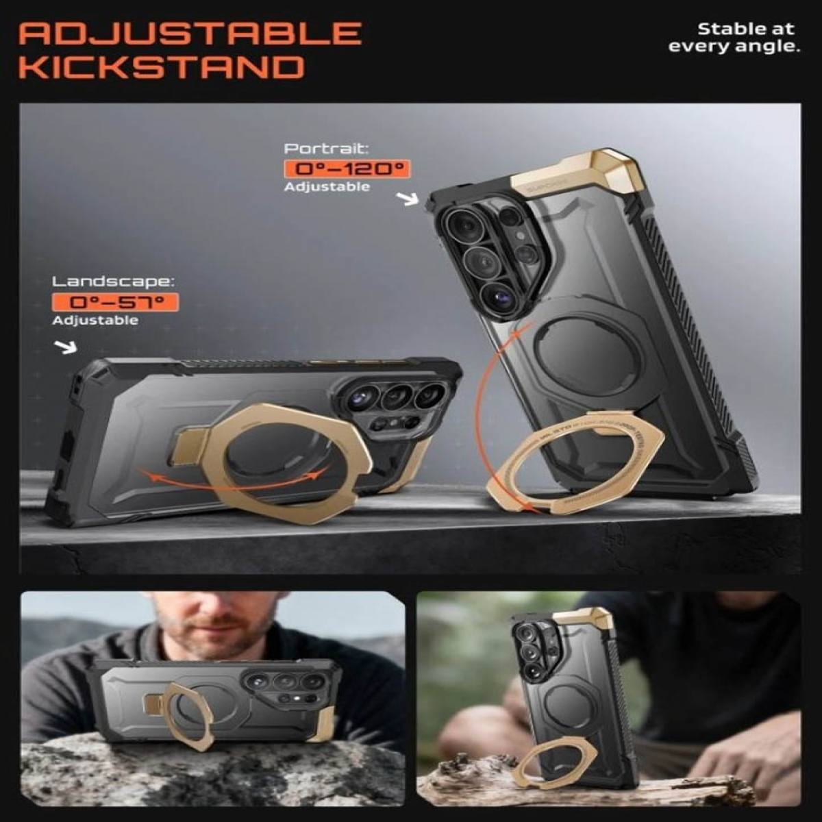 Funda de teléfono negra con soporte dorado ajustable en varios ángulos.