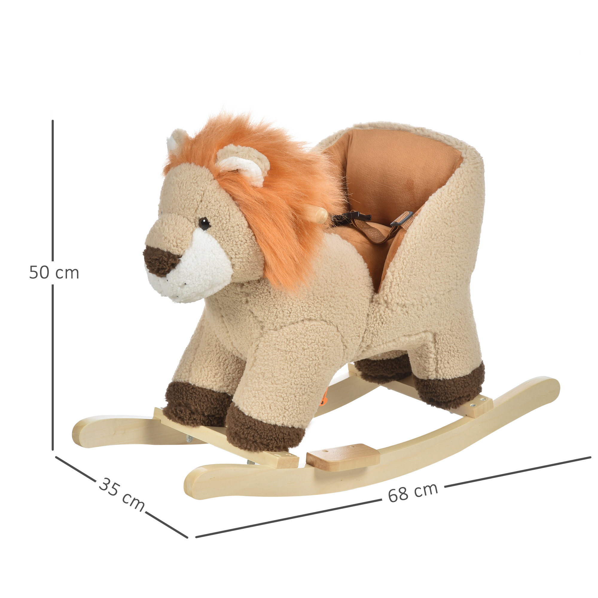 Un peluche marrón claro de león balancín con melena naranja y arnés de seguridad.