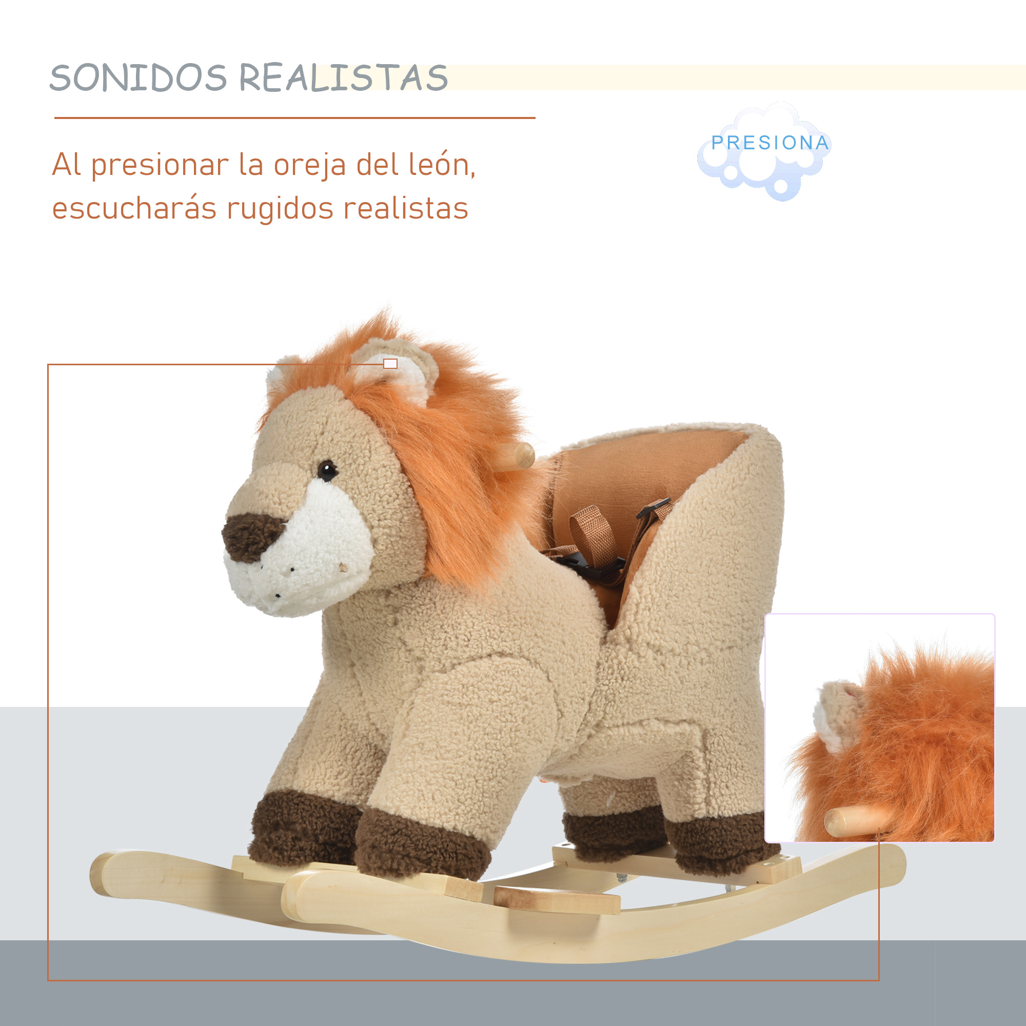 Un peluche de león mecedor con balancines de madera y melena naranja.