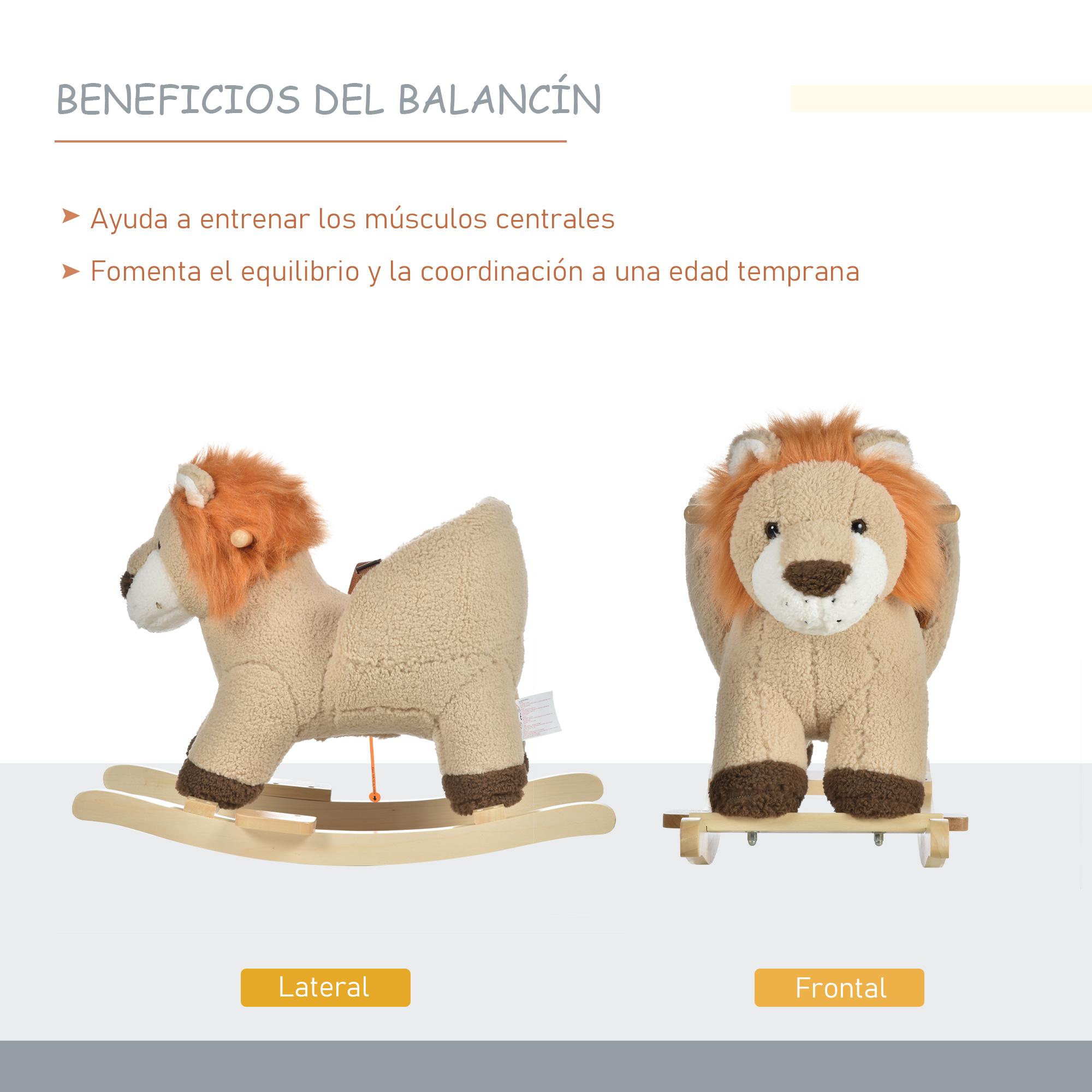 Un balancín de león de peluche visto de lado y de frente, sobre balancines de madera.