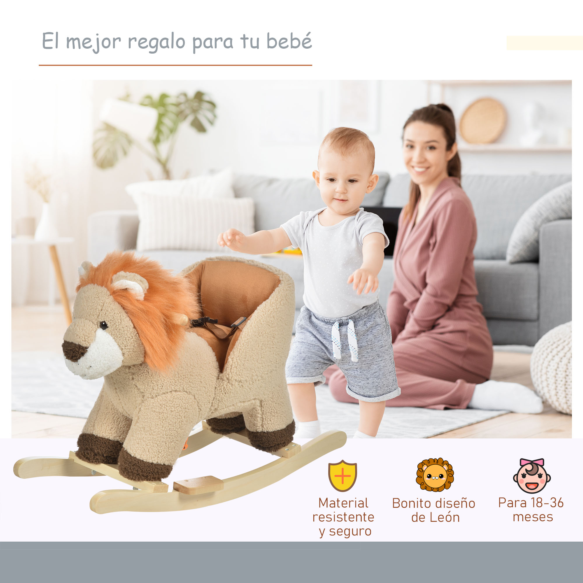 Un bebé juega con un balancín de león, una mujer al fondo.