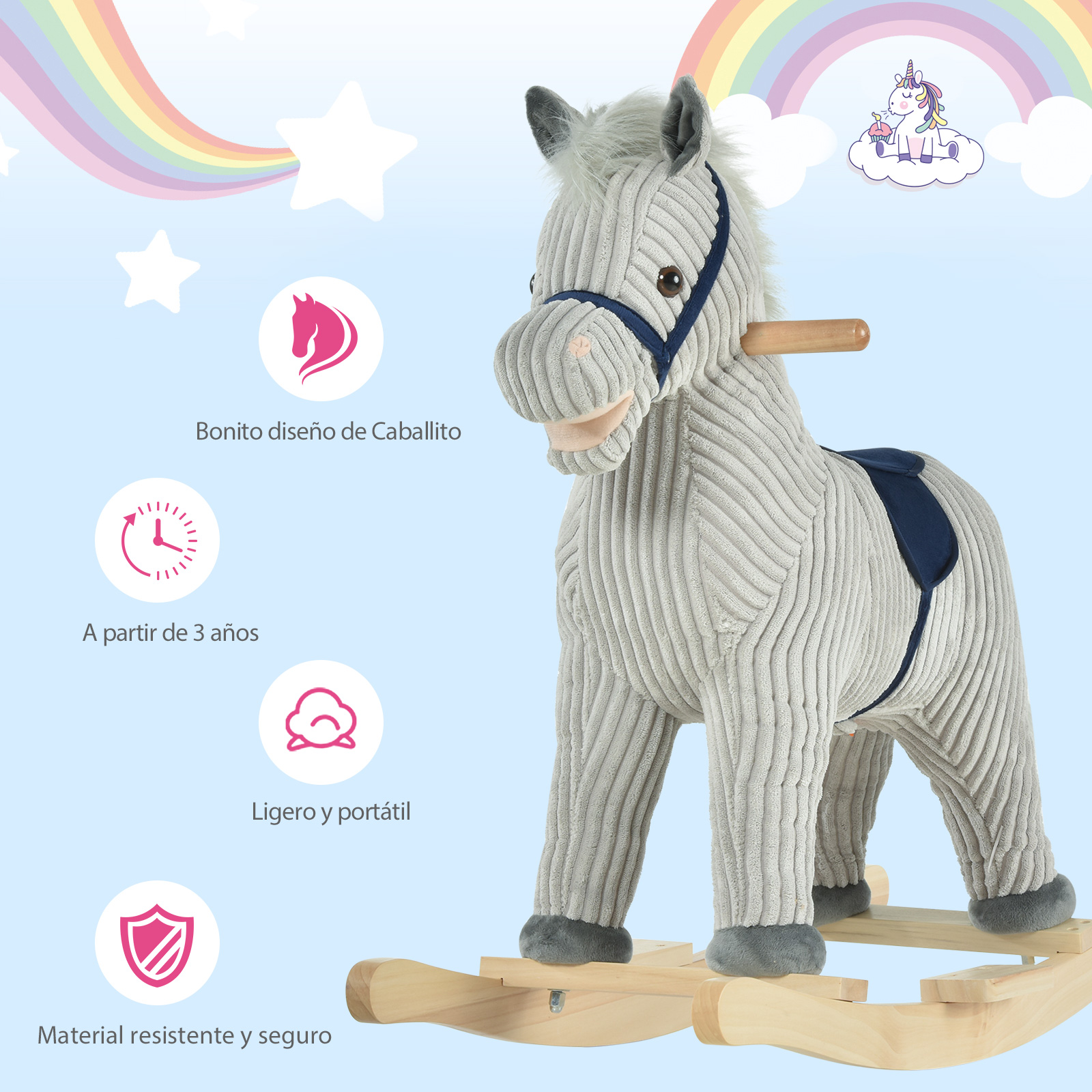 Caballo balancín de felpa gris con base de madera, arcoíris y unicornio.