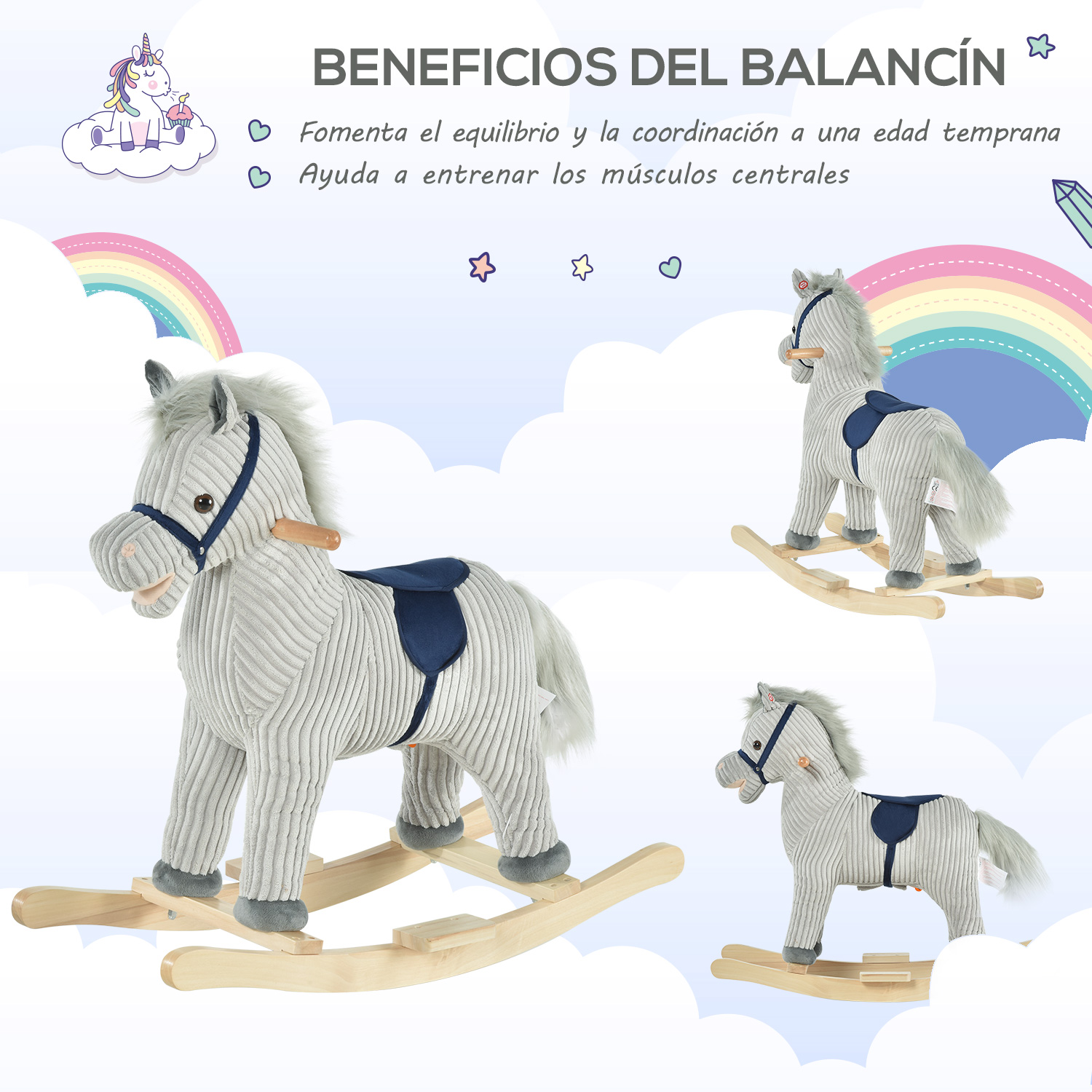 Caballos balancín grises con monturas azules ante nubes y arcoíris.