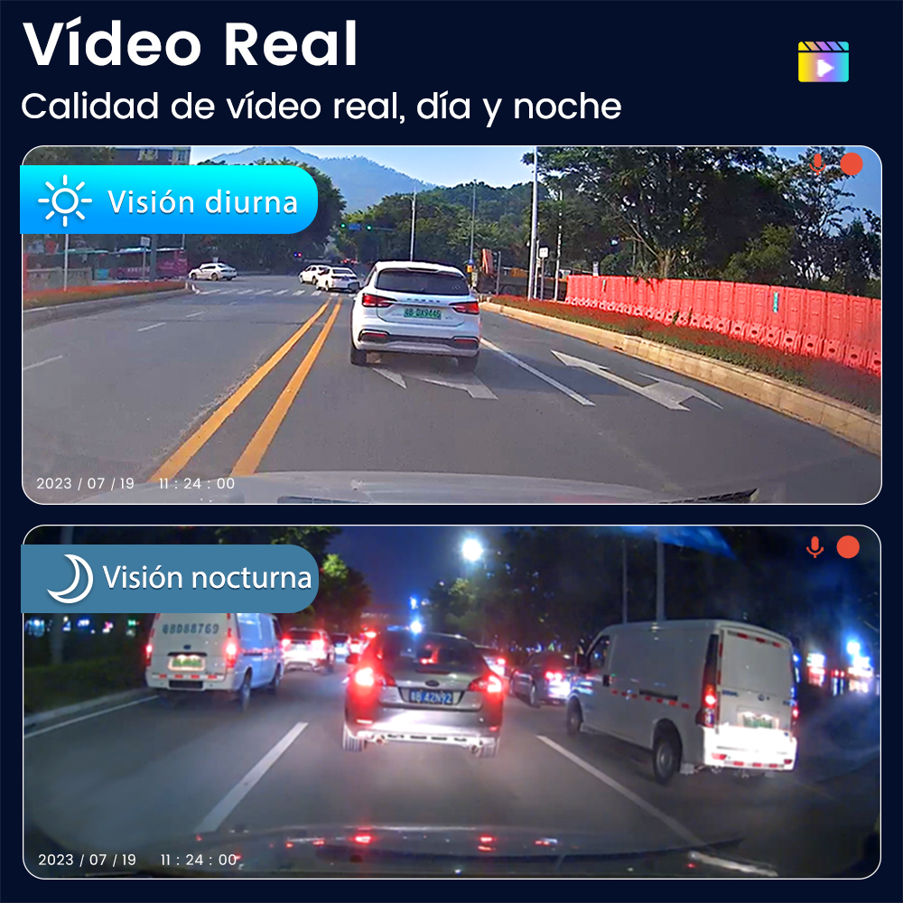 Dos vistas de cámara: arriba día, abajo noche. Coches en una carretera.