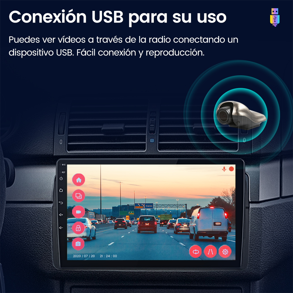 Pantalla de radio de coche muestra tráfico en autopista y vista de cámara.