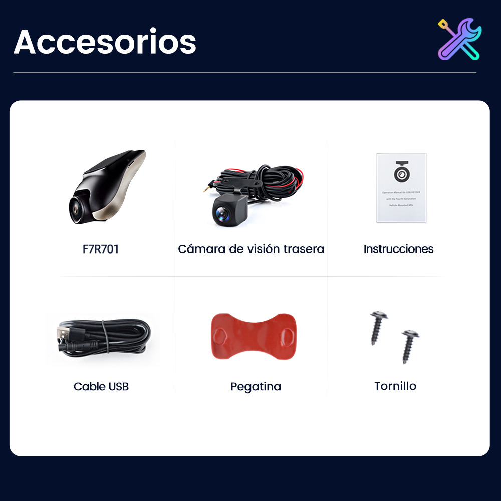 Accesorios: F7R701, cámara trasera, instrucciones, cable USB, pegatina, tornillos.