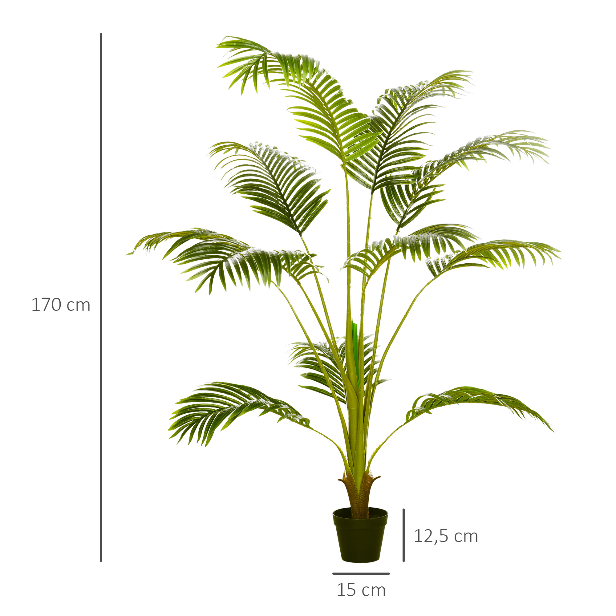 Una palmera artificial de 170 cm de altura en una maceta negra.
