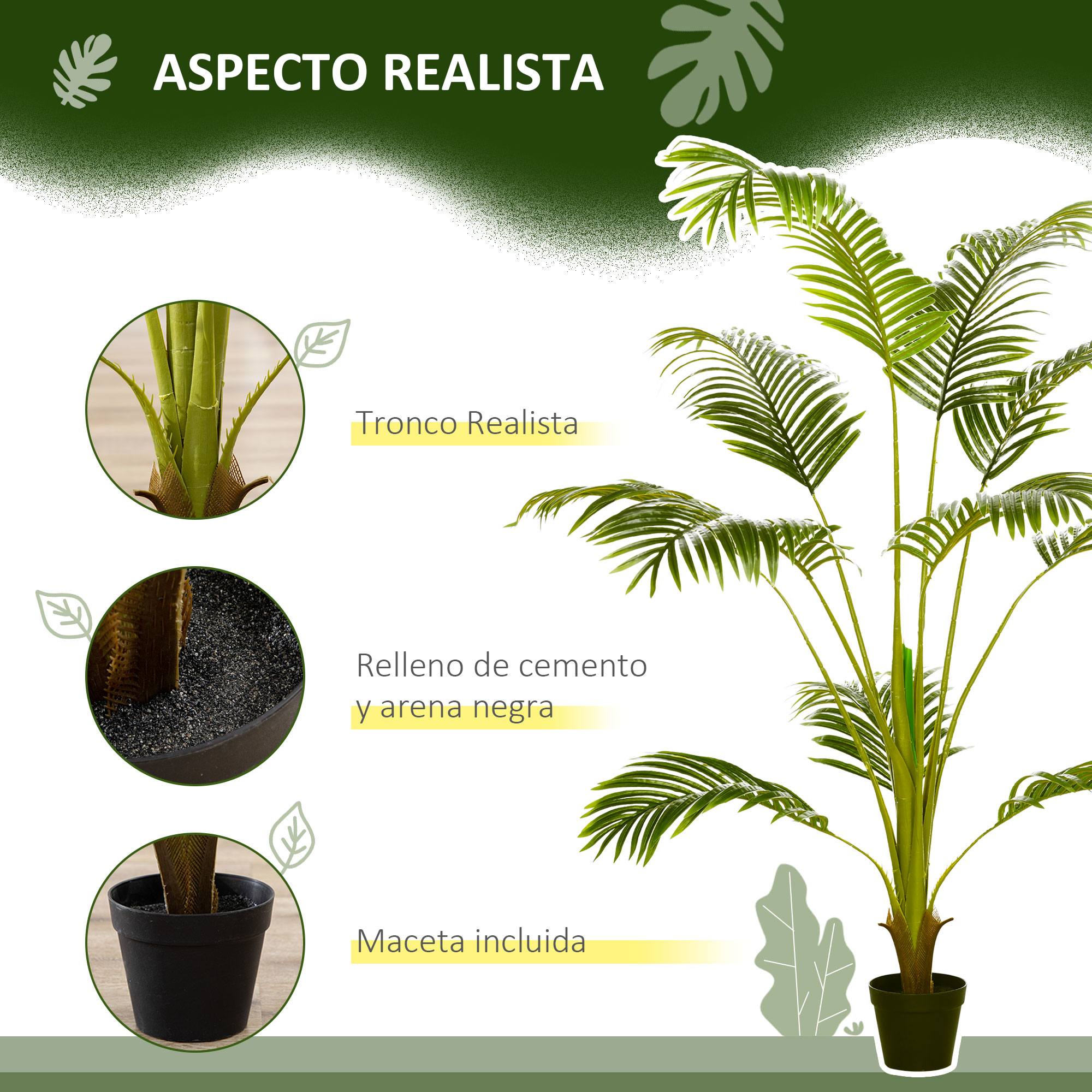 Una palmera artificial realista en maceta negra con hojas verdes.