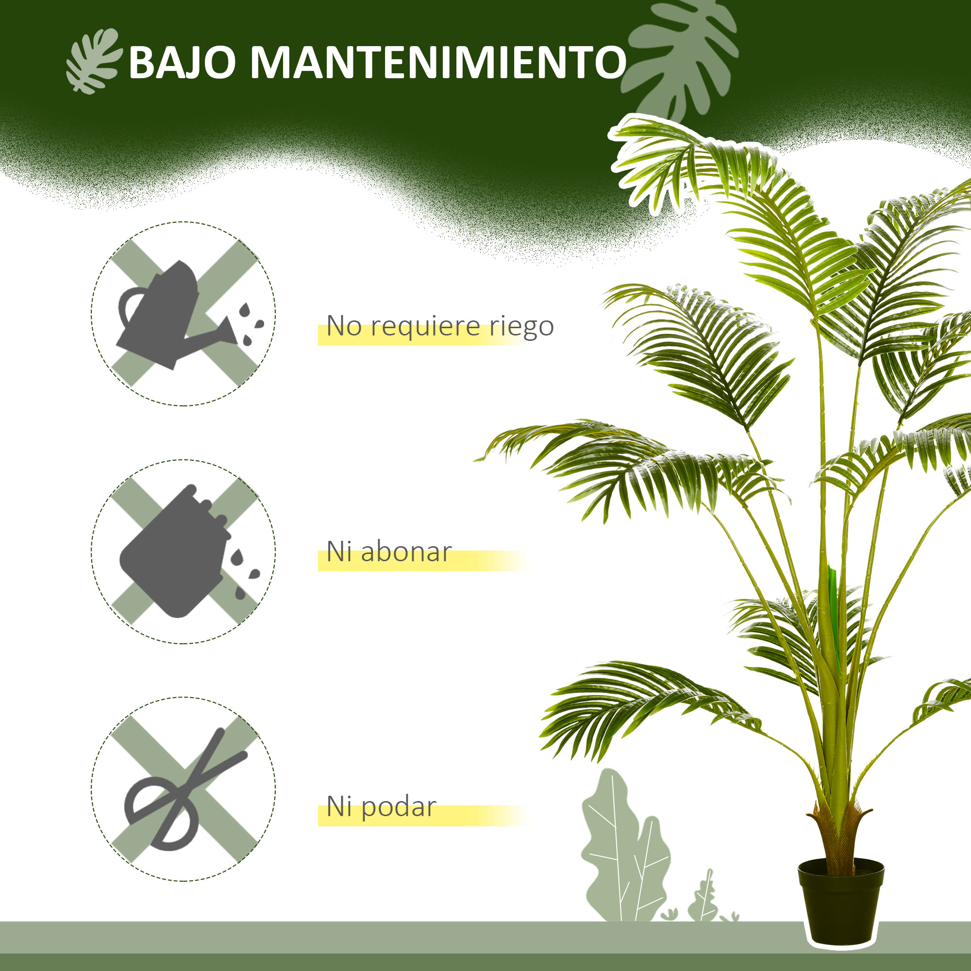 Una palmera artificial verde con texto que indica poca necesidad de mantenimiento.
