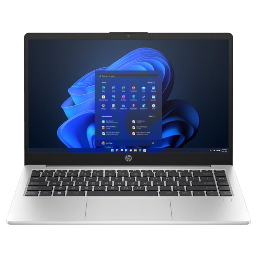Mavi soyut arka planlı Windows 11 başlangıç menüsünü gösteren gümüş HP dizüstü bilgisayar.