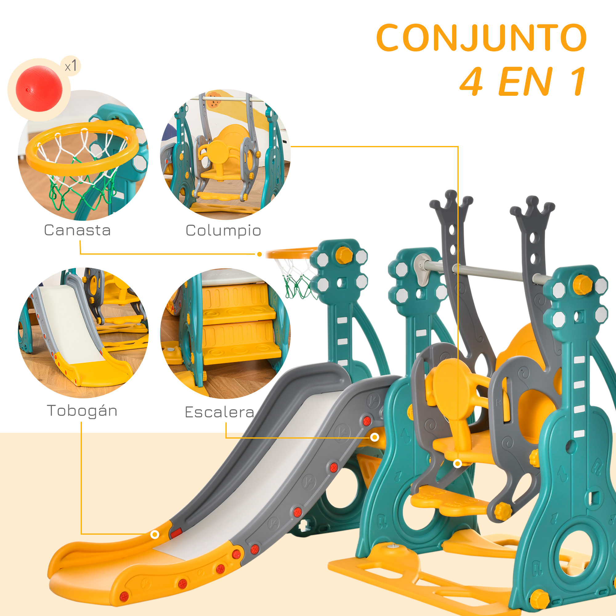 Un juego multicolor con tobogán, columpio, escaleras y canasta de baloncesto.