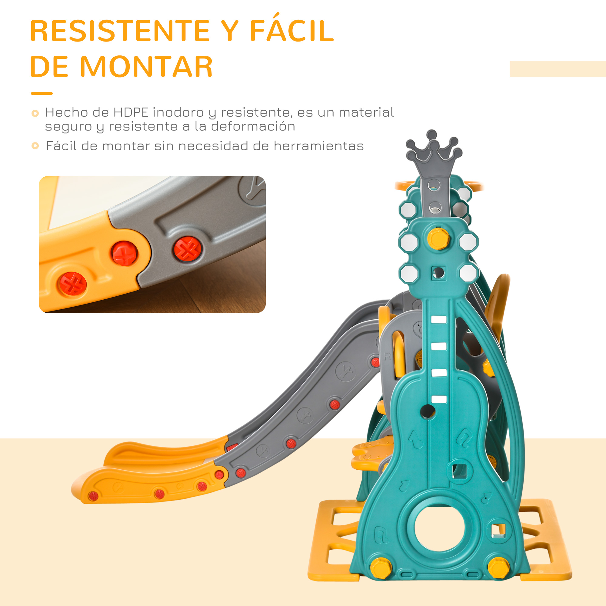 Resbaladilla de juego turquesa con diseño de instrumento musical y acentos amarillos.