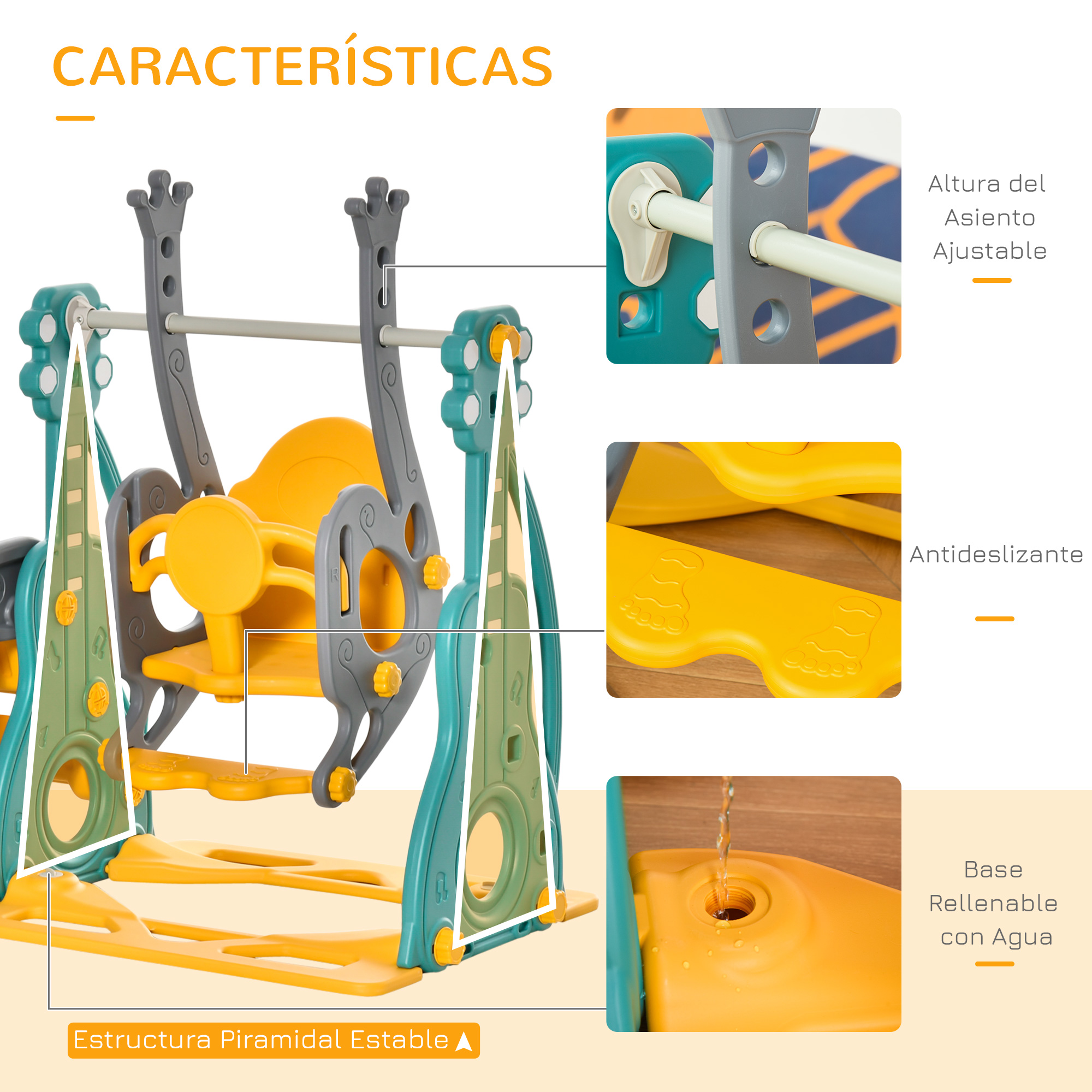 Un colorido parque infantil con columpio, tobogán y asiento ajustable.
