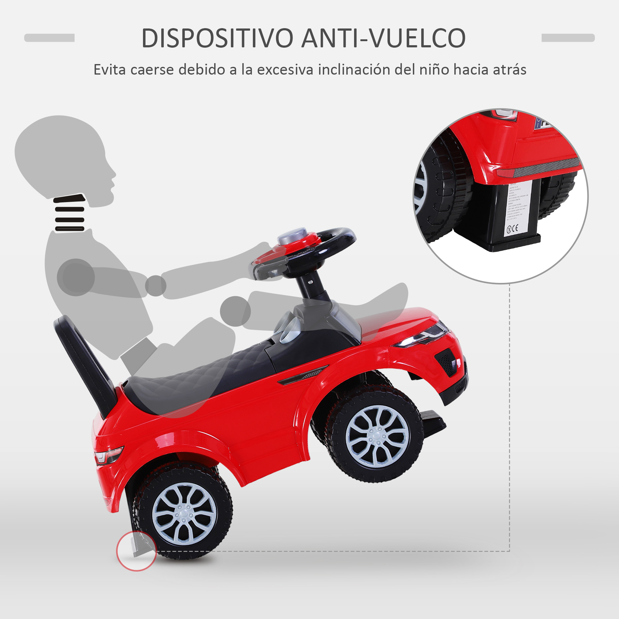 Un coche de juguete rojo con silueta gris que muestra función antivuelco.