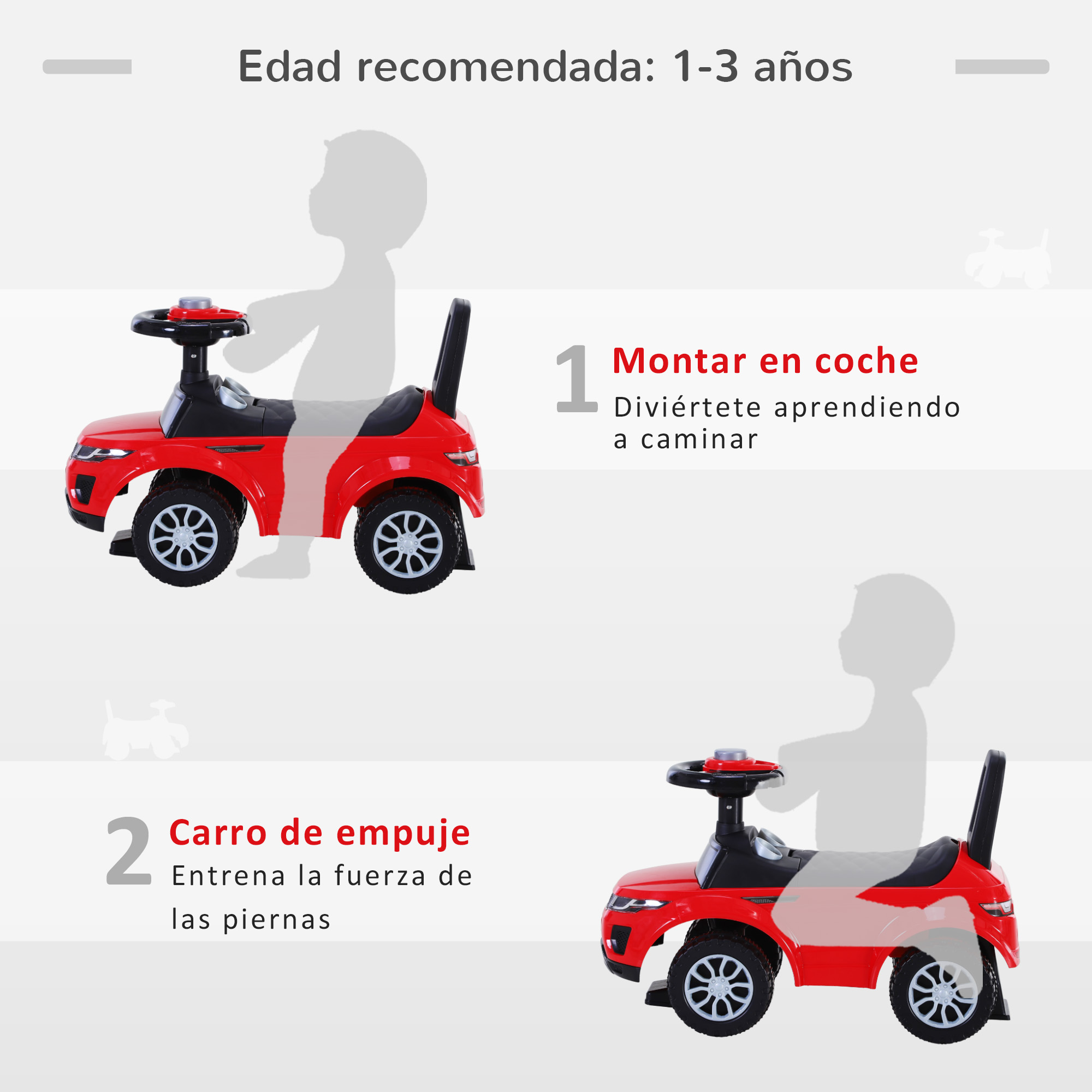 Coche de juguete rojo con instrucciones para 1-3 años.