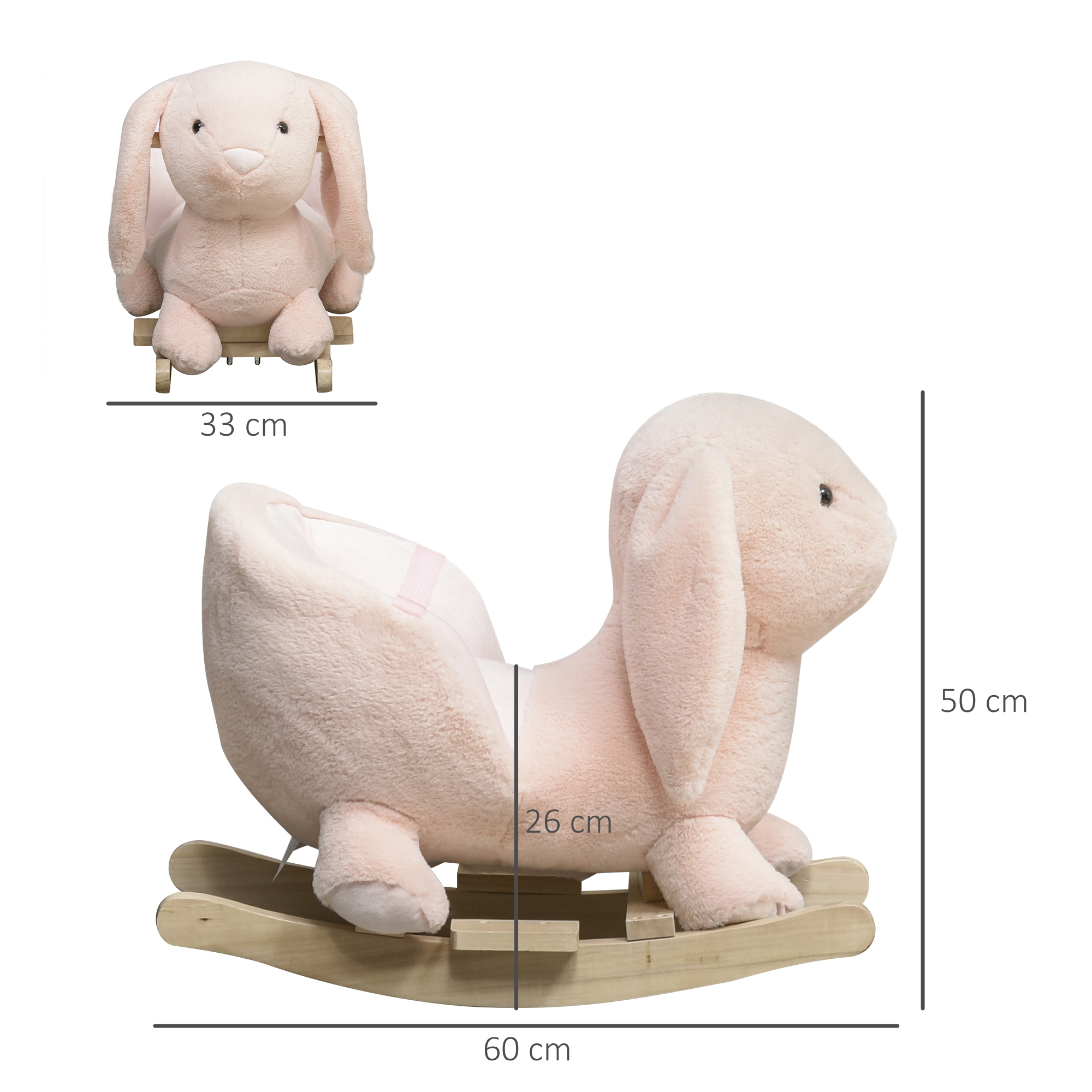 Un peluche de conejito rosa sobre una base de madera para mecerse. Dimensiones: 60x26x50cm.