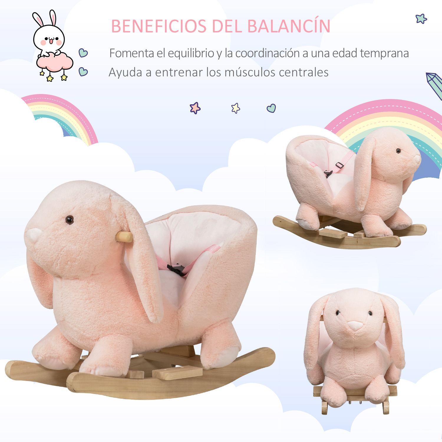 Un conejo de peluche rosa sobre una base de balancín de madera.