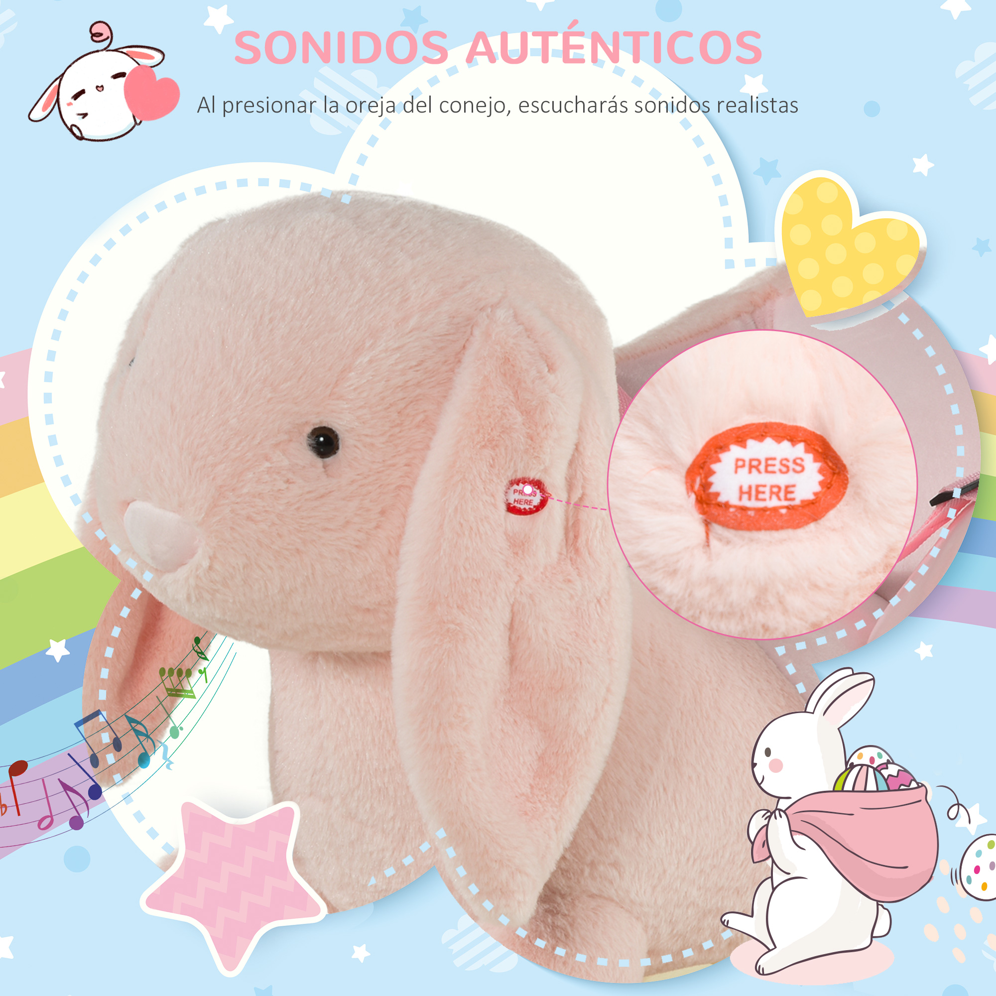 Un conejito de peluche rosa con un parche de 'PRESS HERE' en la oreja.