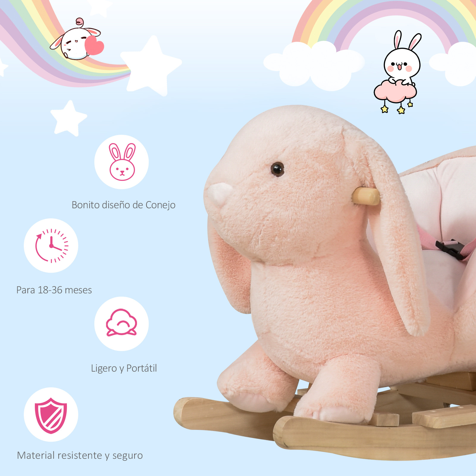 Un peluche rosa con forma de conejo para mecerse, base de madera y elementos coloridos.