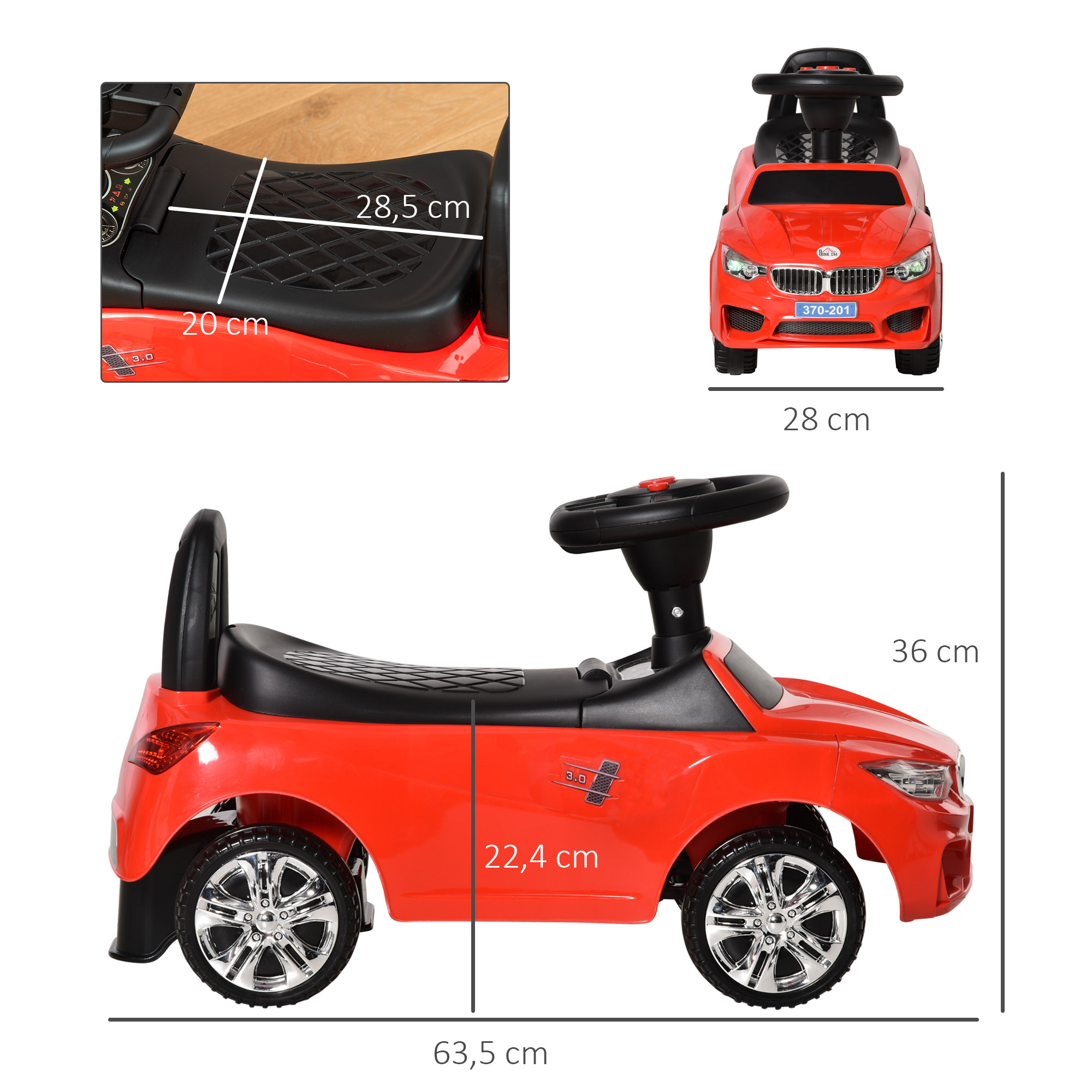 Coche de juguete rojo con dimensiones: 63,5x28x36cm. Asiento: 28,5x20cm.