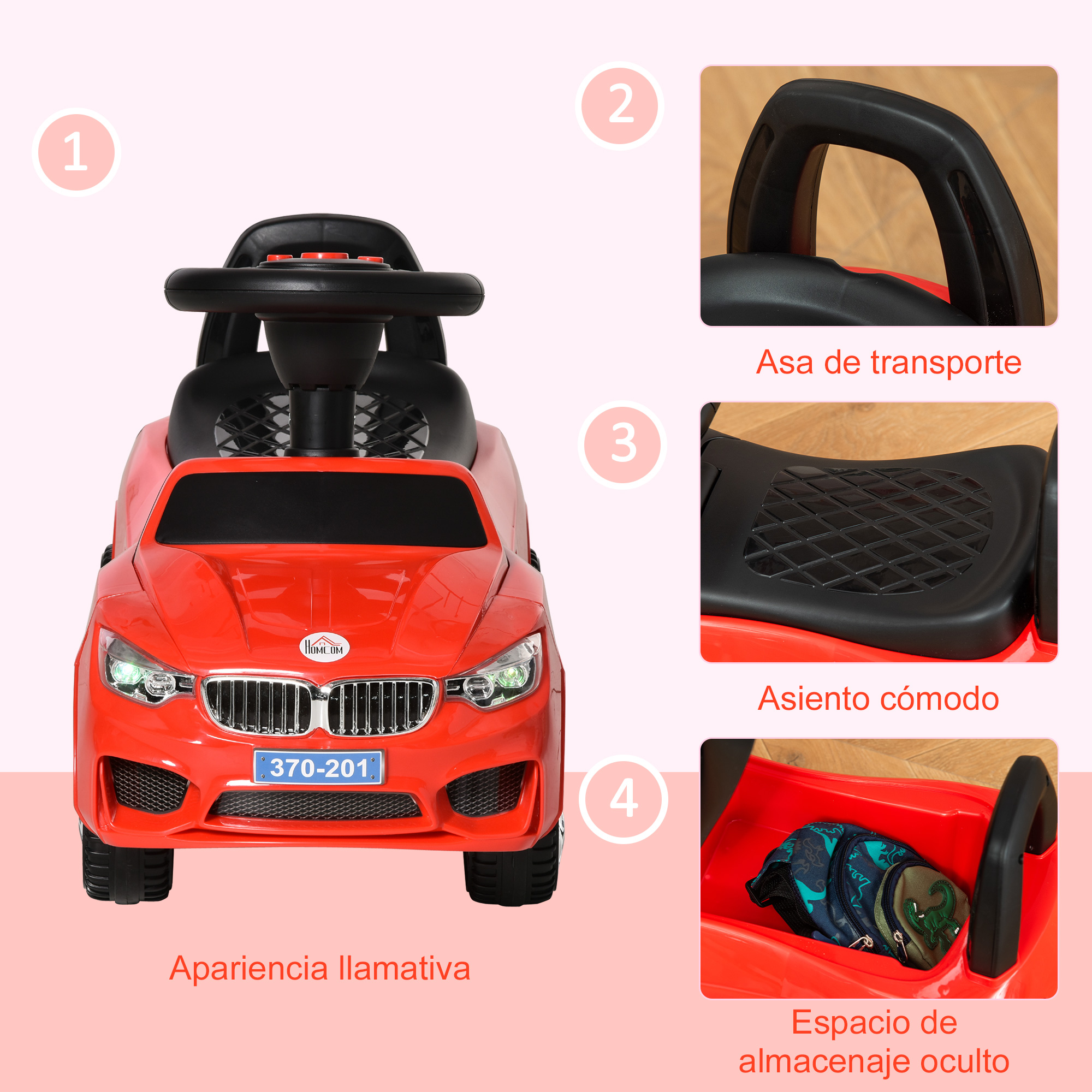 Coche deportivo rojo de juguete para niños con detalles negros, volante y compartimento.